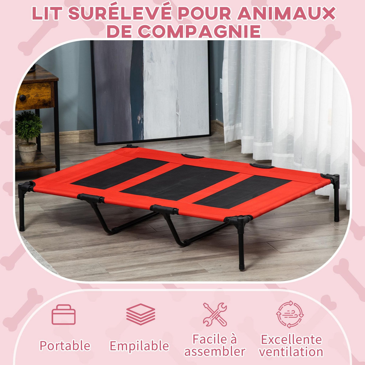 PAWHUT Lit sur pieds XXL pour chien chat lit de camp animal lit surélevé Oxford textilène micro-perforé dim. 122L x 92l x 23H cm rouge