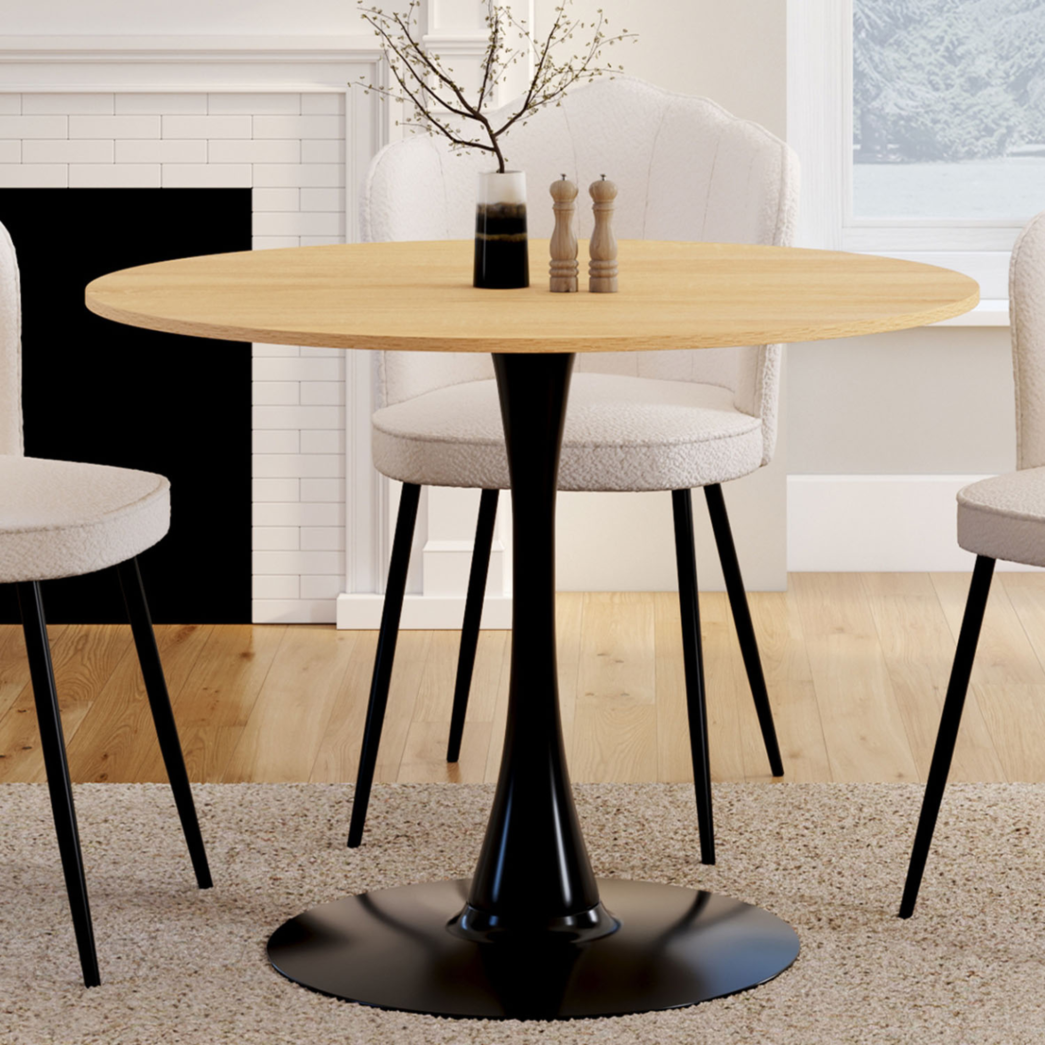Voir la diapositive 2 : ID MARKET Table à manger ronde dalia 4 personnes pieds tulipe bois et noir 100 cm