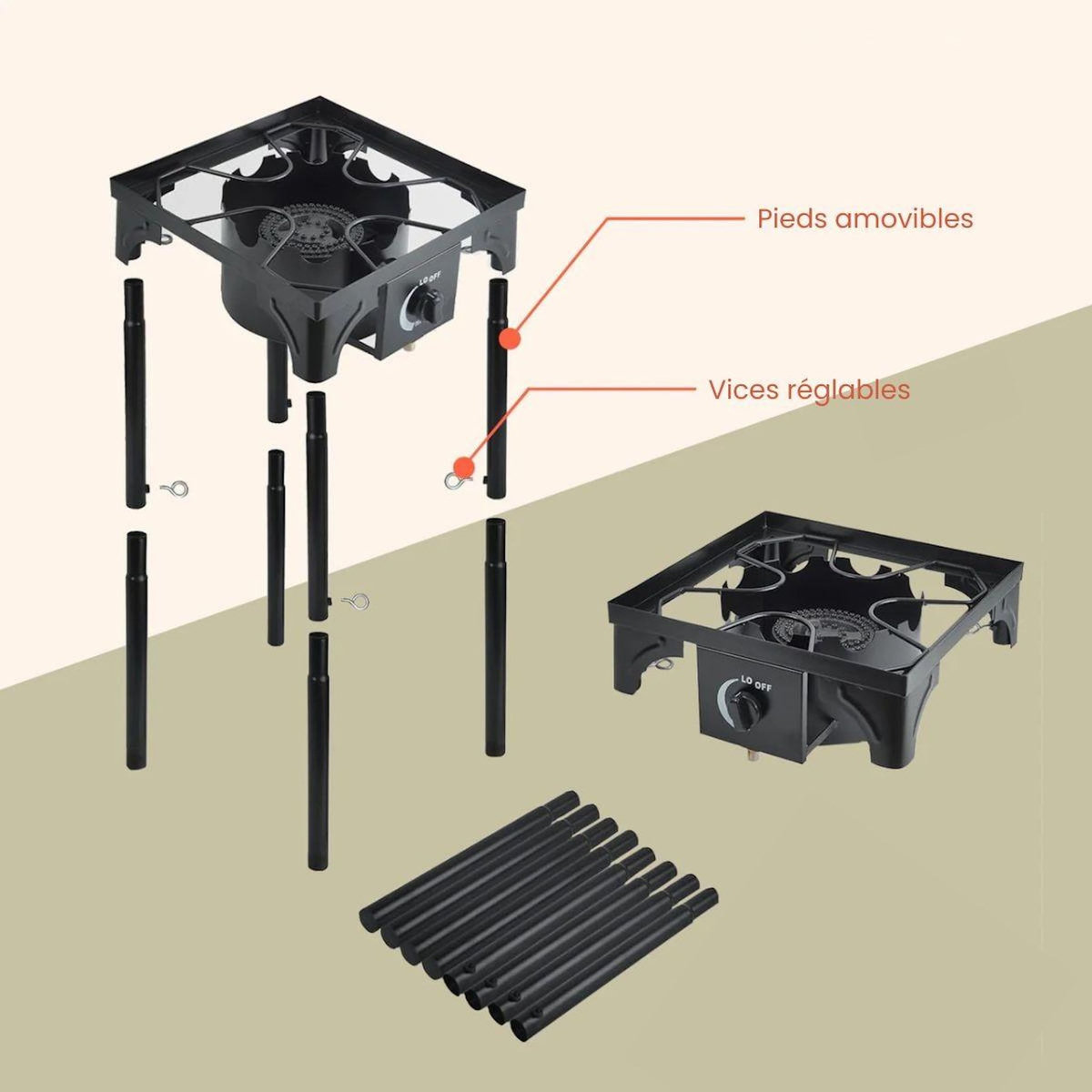 INTEC Réchaud à Gaz 1 feu 4500W 4 pieds modulables 3 Hauteurs Bruleur en fonte - Cuisine Extérieure 40 x 40 x H78cm Allumage Piezo