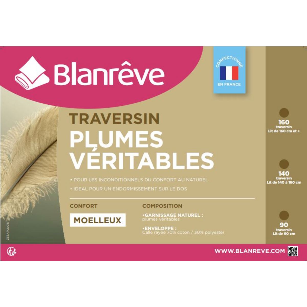 BLANREVE Traversin moelleux 100% plumes véritables NATUREL