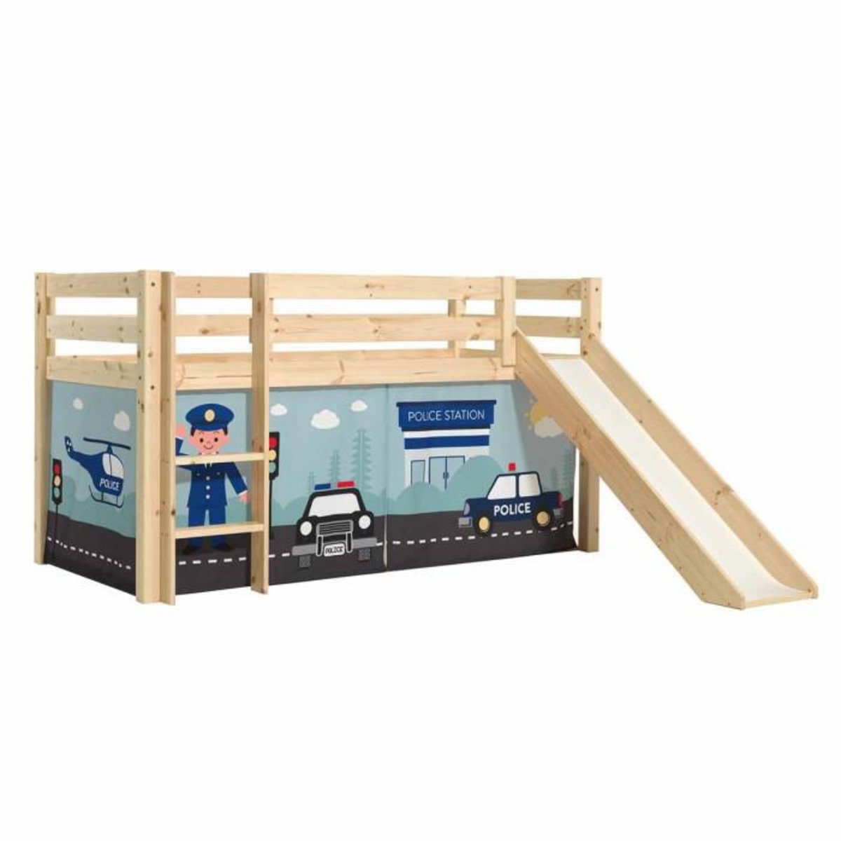 Paris Prix Lit Enfant Surélevé Avec Toboggan  Pino Police  90x200cm Naturel