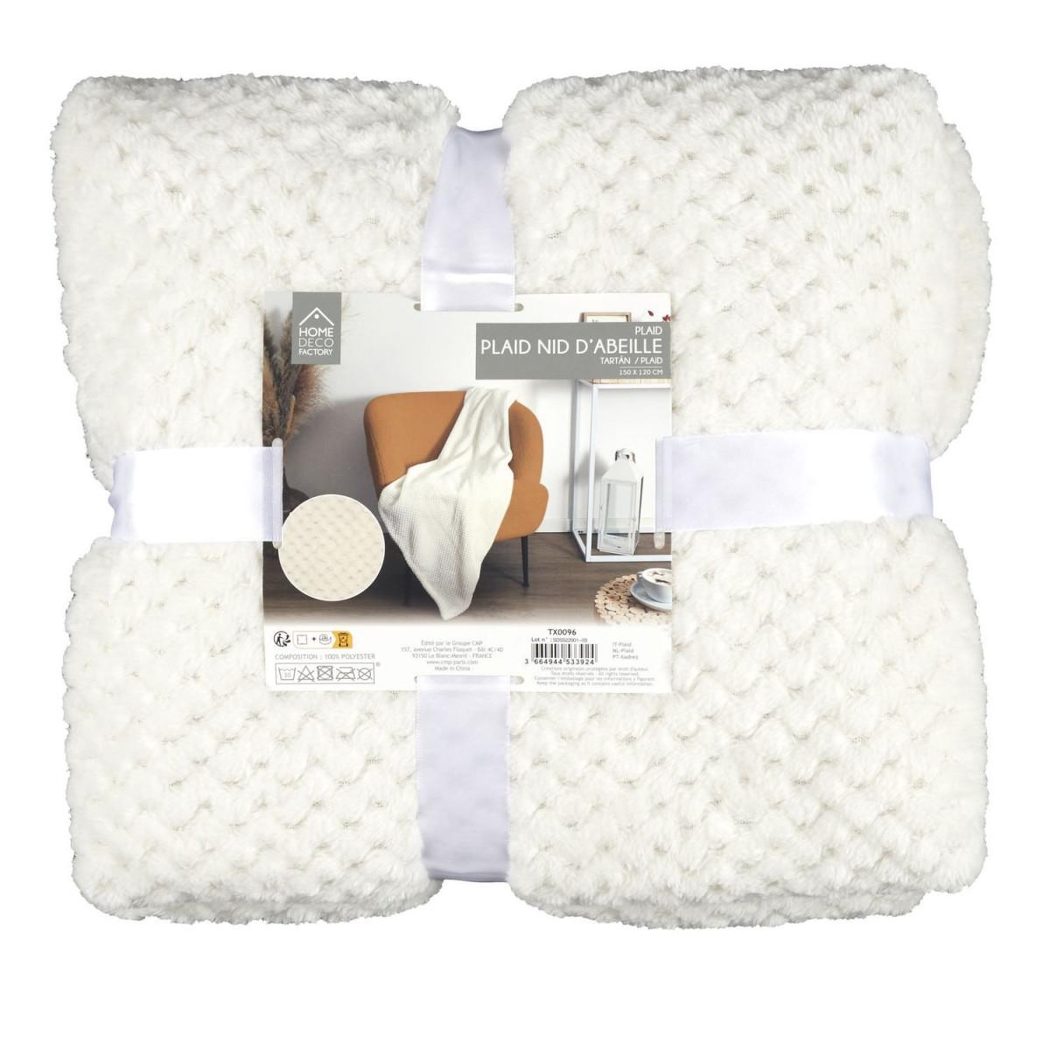 Voir la diapositive 6 : The Home Deco Factory Plaid nid d'abeille  crush  120x150cm crème