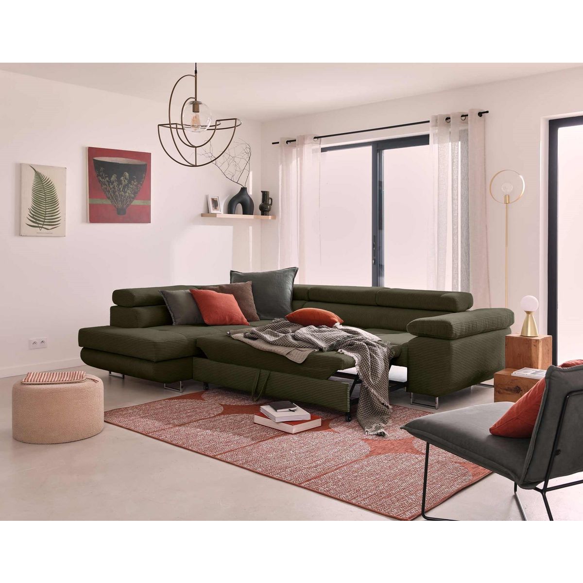 BEST MOBILIER Zaria - canapé d'angle gauche - convertible avec coffre et têtières réglables - 5 places - en velours côtelé