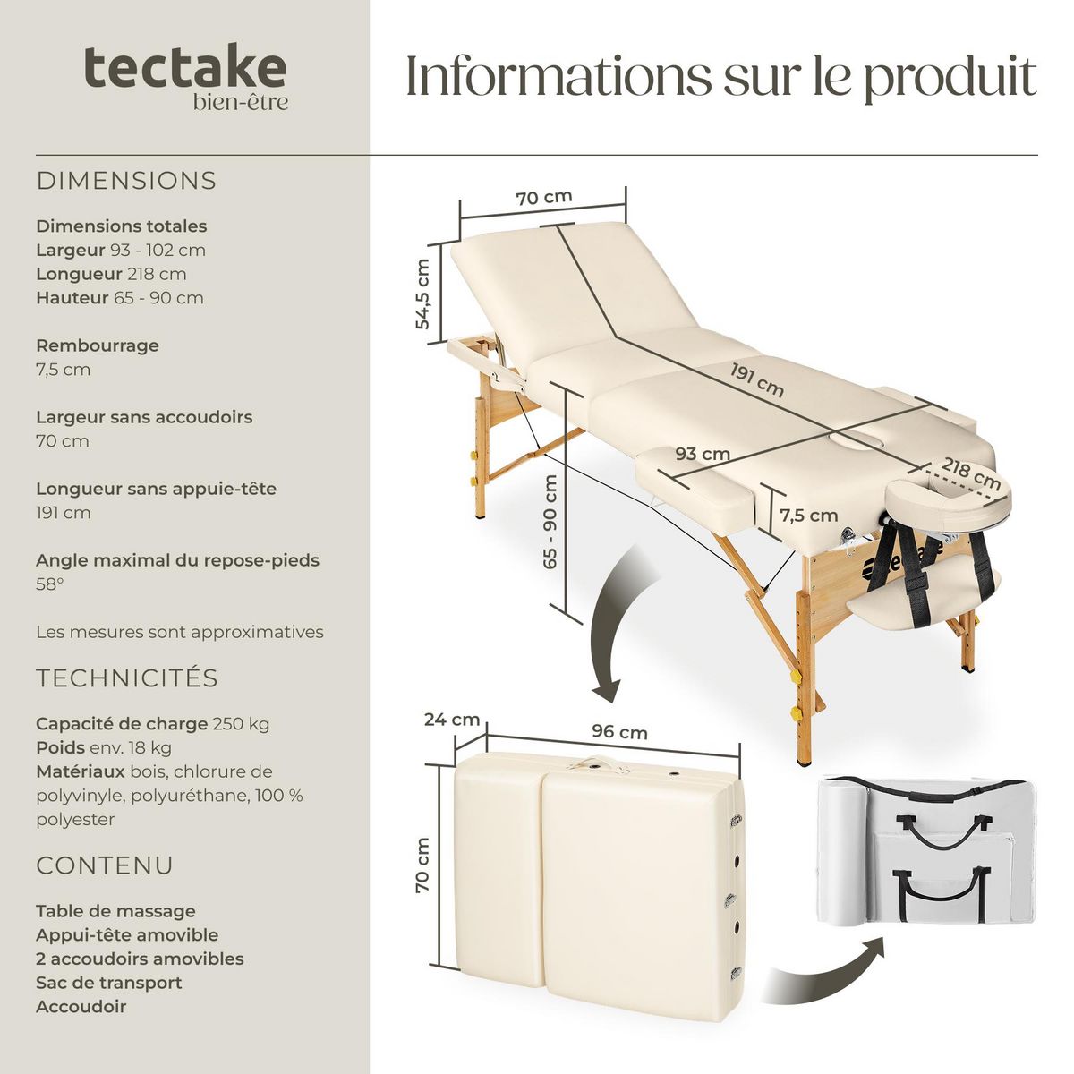 tectake Table de massage portable pliante à 3 zones largeur 70 cm, rembourrage 7,5 cm beige