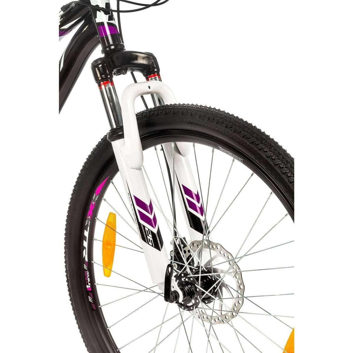 Vélo VTT 26'' Femme - Cadre Tout Suspendu - Double freins à disques - 21 Vit. - Poignée à Gâchettes & dérailleur Shimano