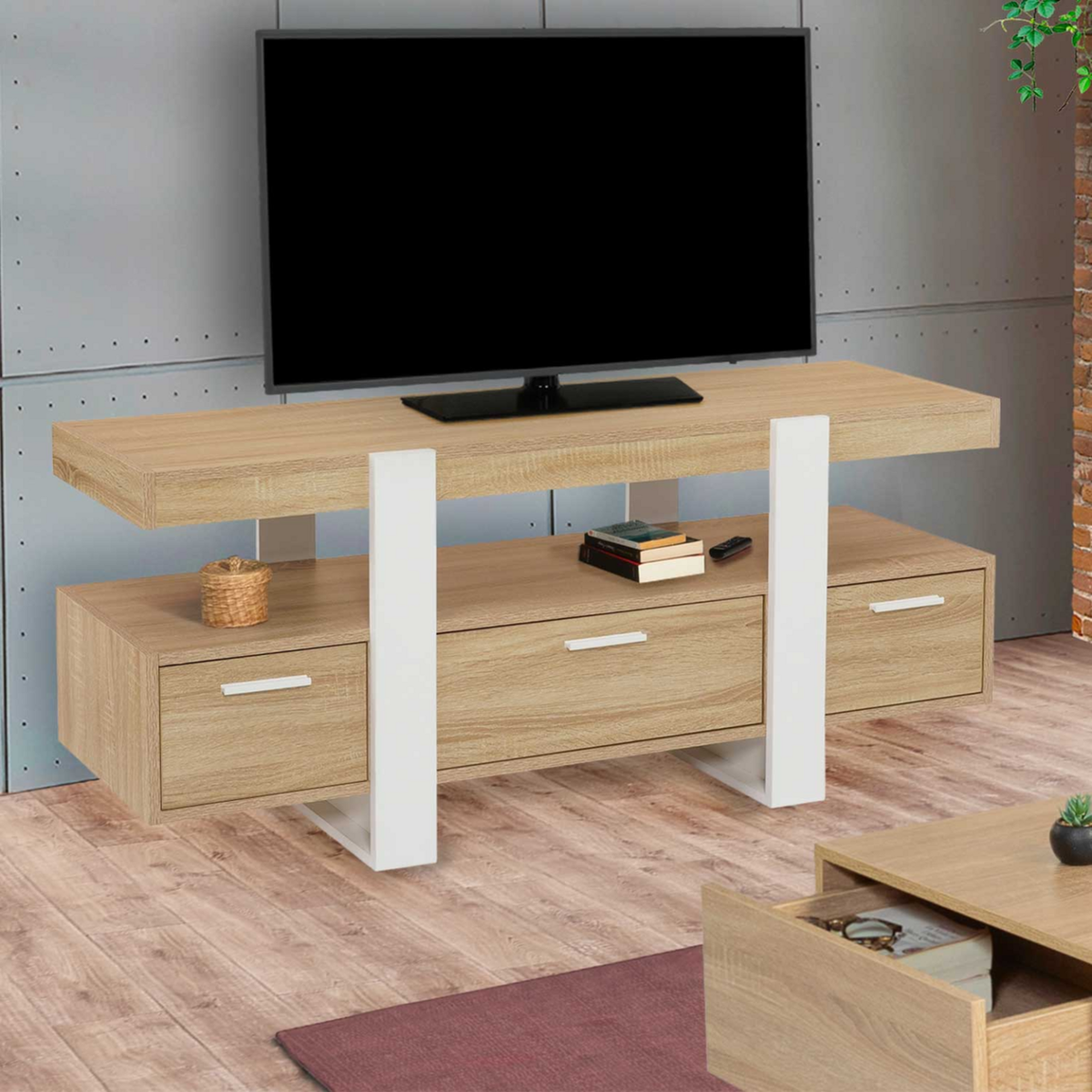 ID MARKET Meuble TV 116 cm PHOENIX avec tiroirs bois et blanc