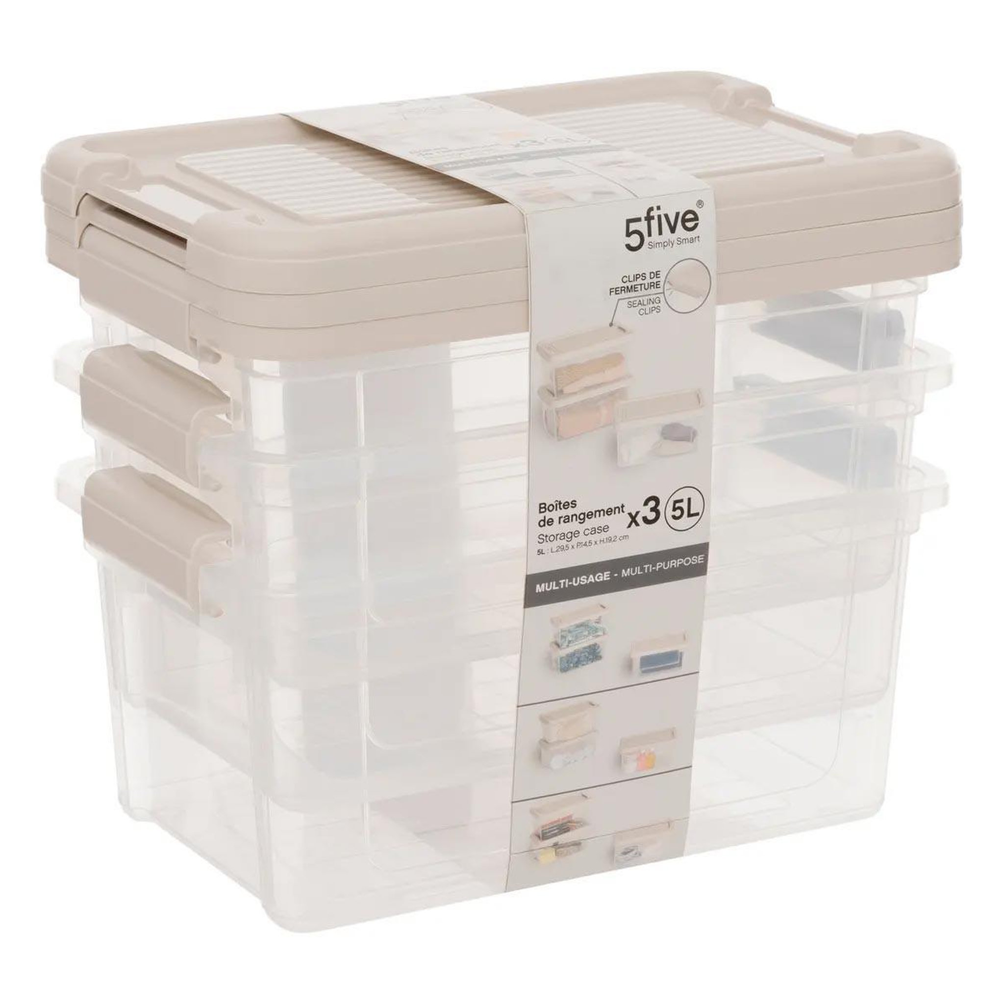 Voir la diapositive 6 : FIVE Lot de 3 boîtes de rangement  tide'n  5l transparent