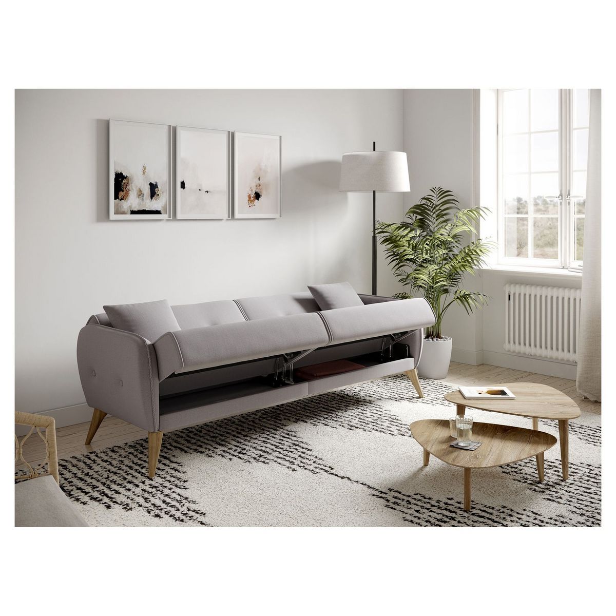 Canapé droit convertible 3 places tissu pieds bois clair BONJO