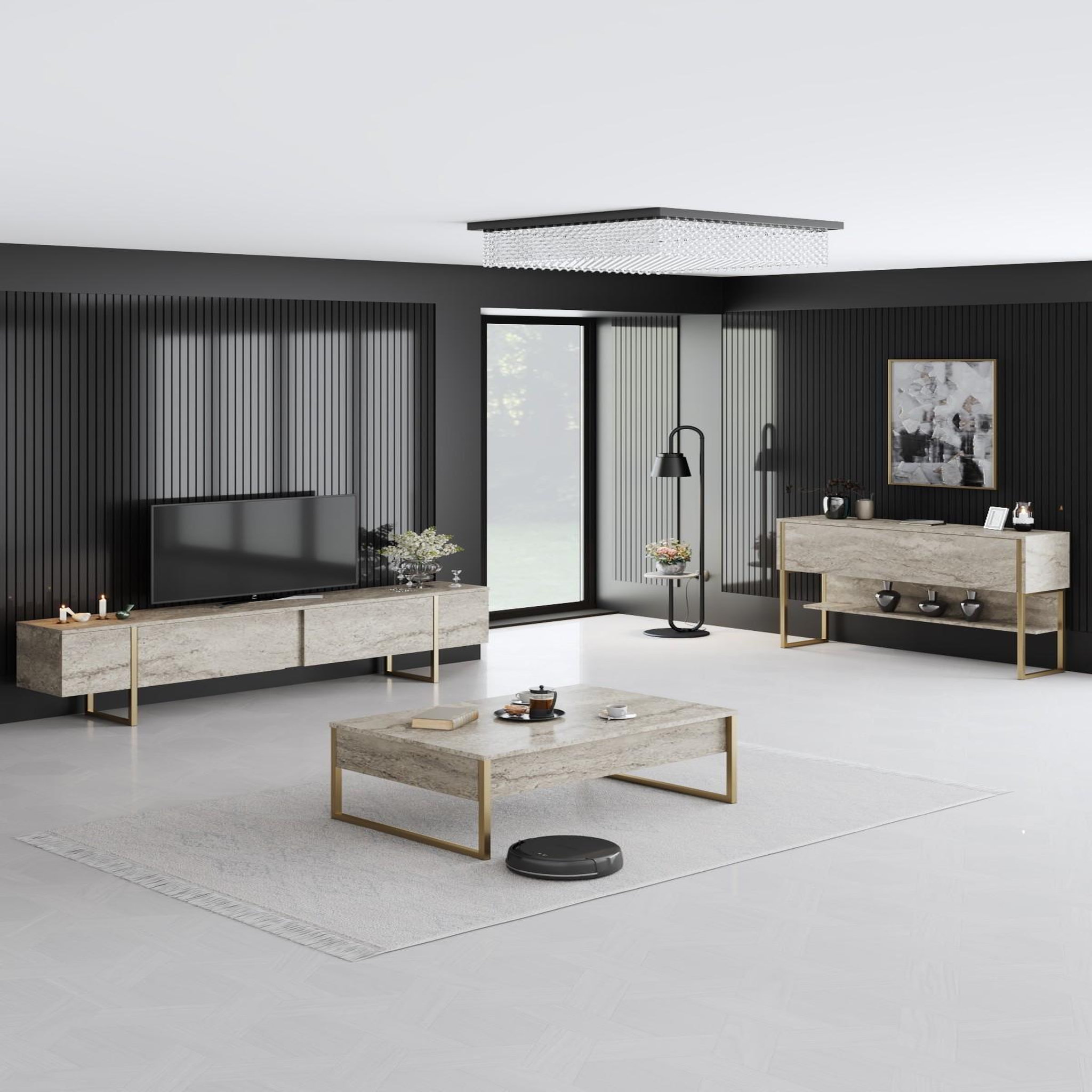 Voir la diapositive 3 : Habitat et Jardin Meuble tv en bois  luxe  - 180 x 30 x 50 cm - travertinor