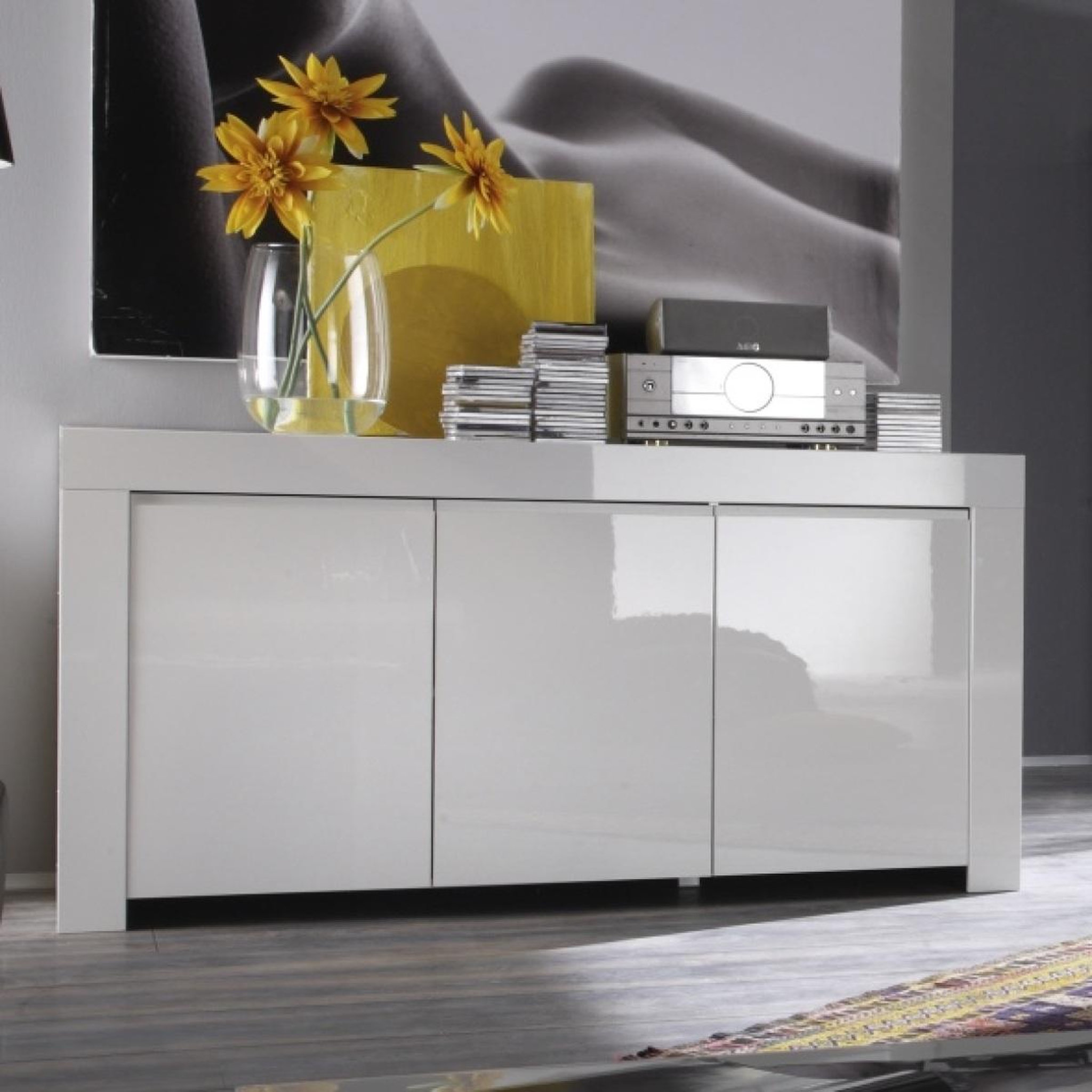 Voir la diapositive 2 : JLC KREATION Buffet design 3 portes laqué blanc 160cm aphodite