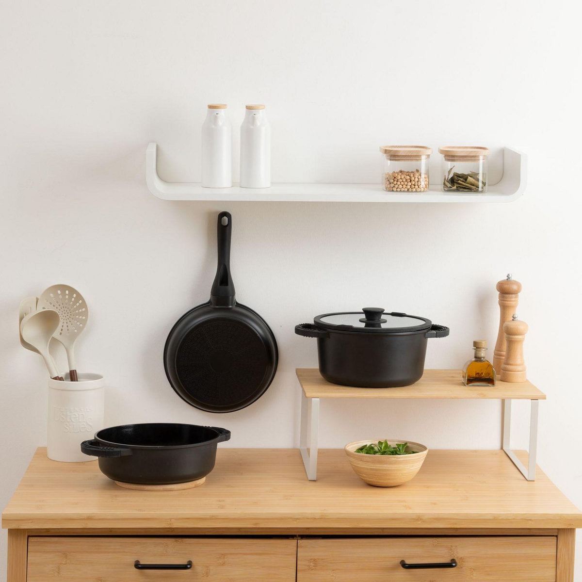 FIVE Batterie de cuisine en fonte d'aluminium - 4 pièces - Noir