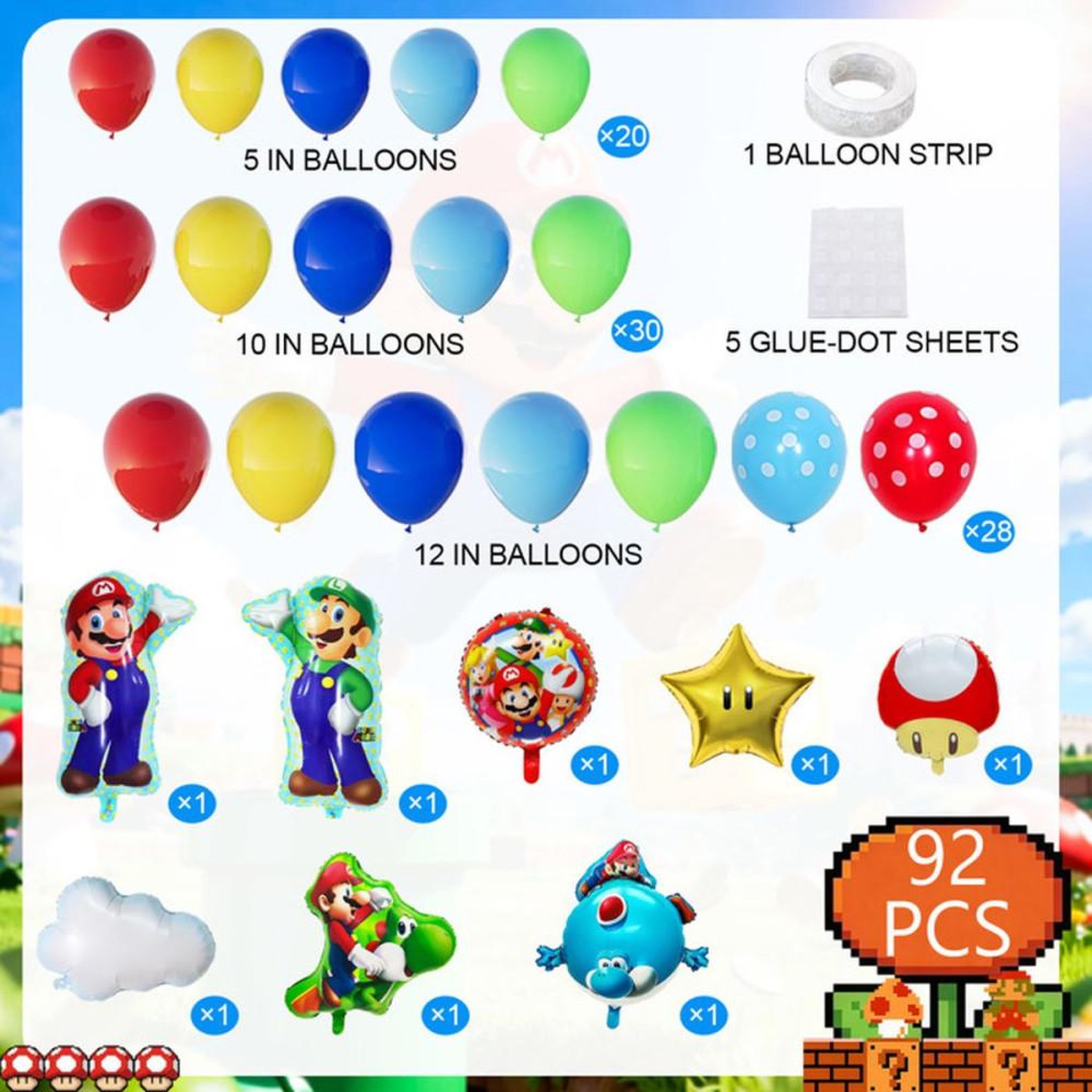 Voir la diapositive 2 : Set de ballons déco anniversaire Mario Bros multicolore pour enfants