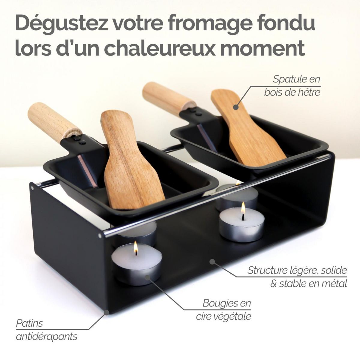 LINXOR Appareil à raclette à la bougie en métal, spatules et bougies incluses - 2 personnes