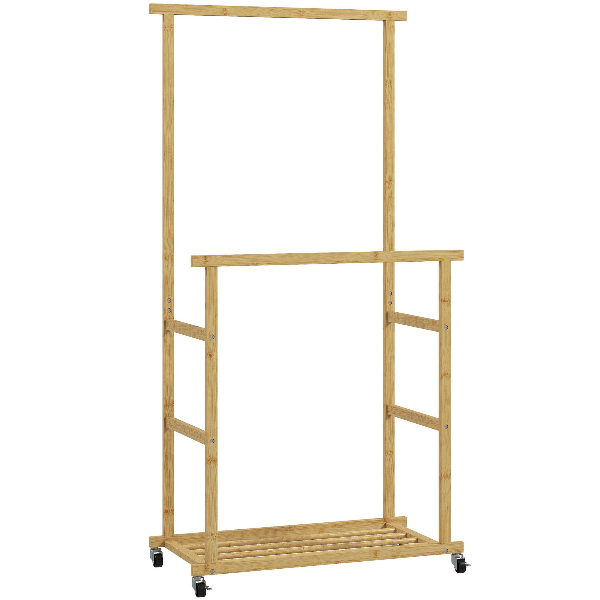 HOMCOM Portant bois bambou naturel verni - penderie mobile double barre et étagère - 80 x 40 x 160 cm