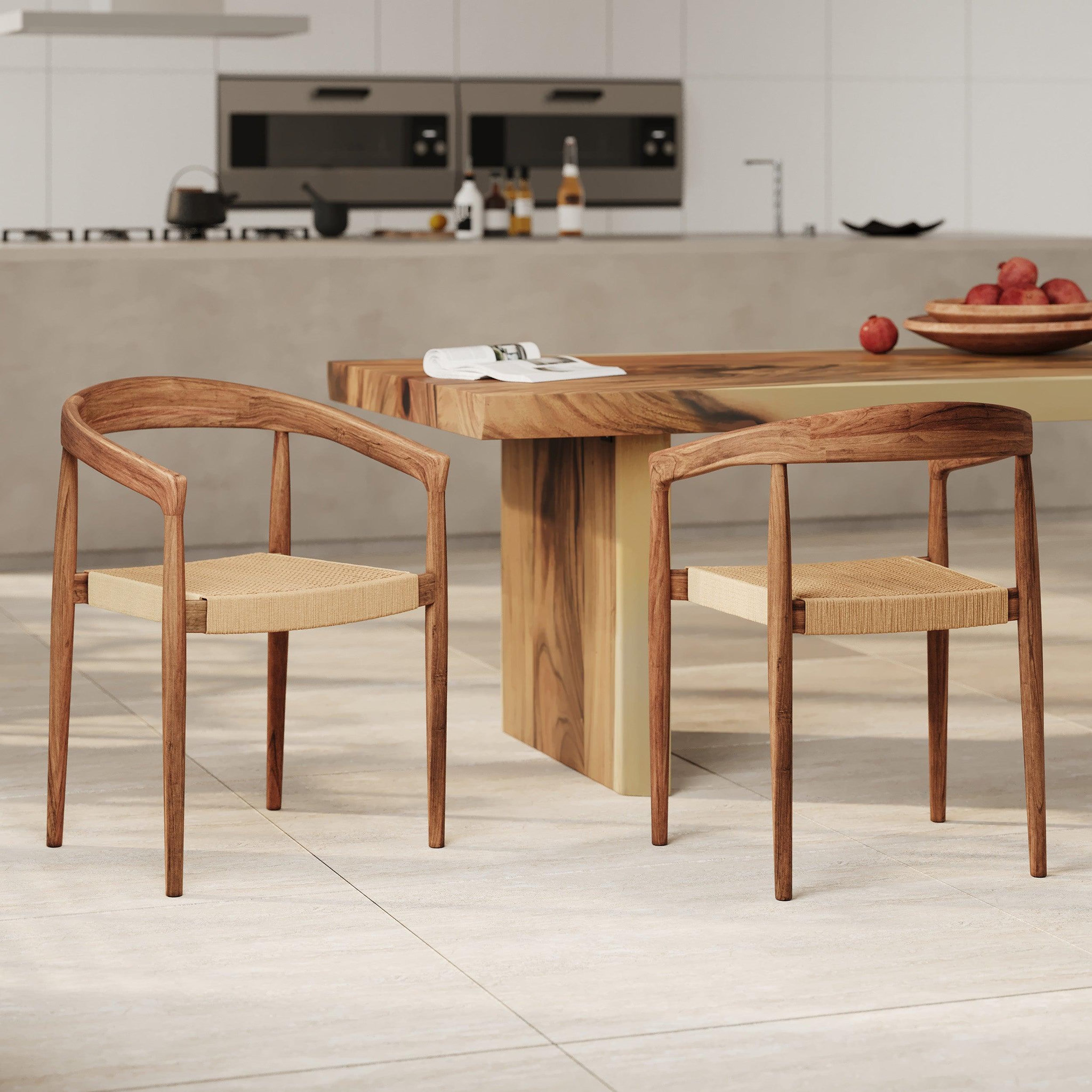 Voir la diapositive 2 : MAISON PAVANE Lot de 2 chaises en bois de teck et corde naturelle -bali