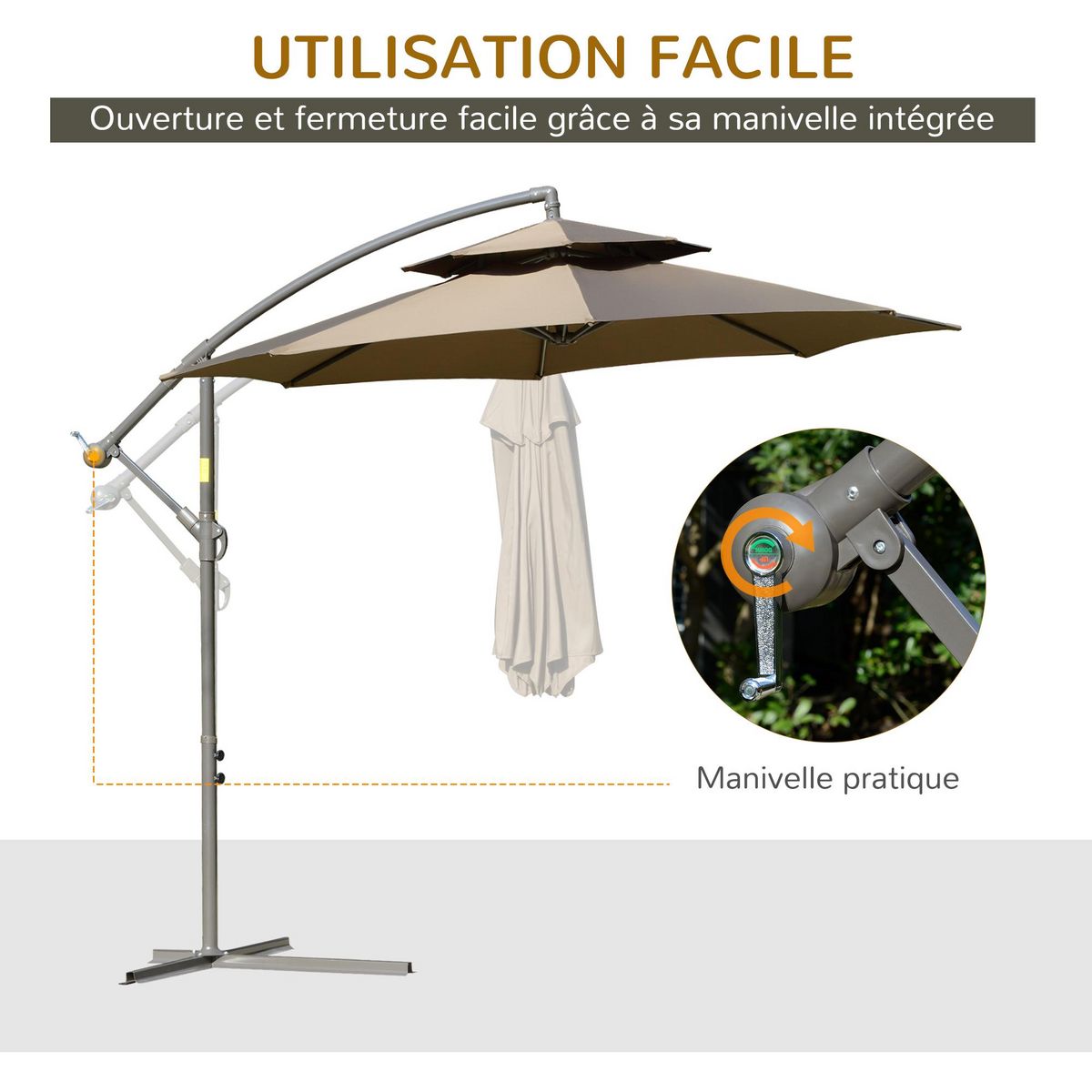 OUTSUNNY Parasol déporté octogonal inclinable manivelle Ø 2,65 x 2,45H m acier époxy polyester marron