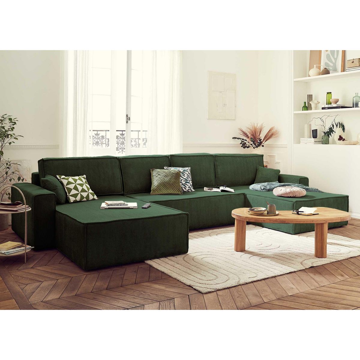 BEST MOBILIER Dellia - canapé panoramique en u - 7 places - convertible - avec coffre - en velours côtelé