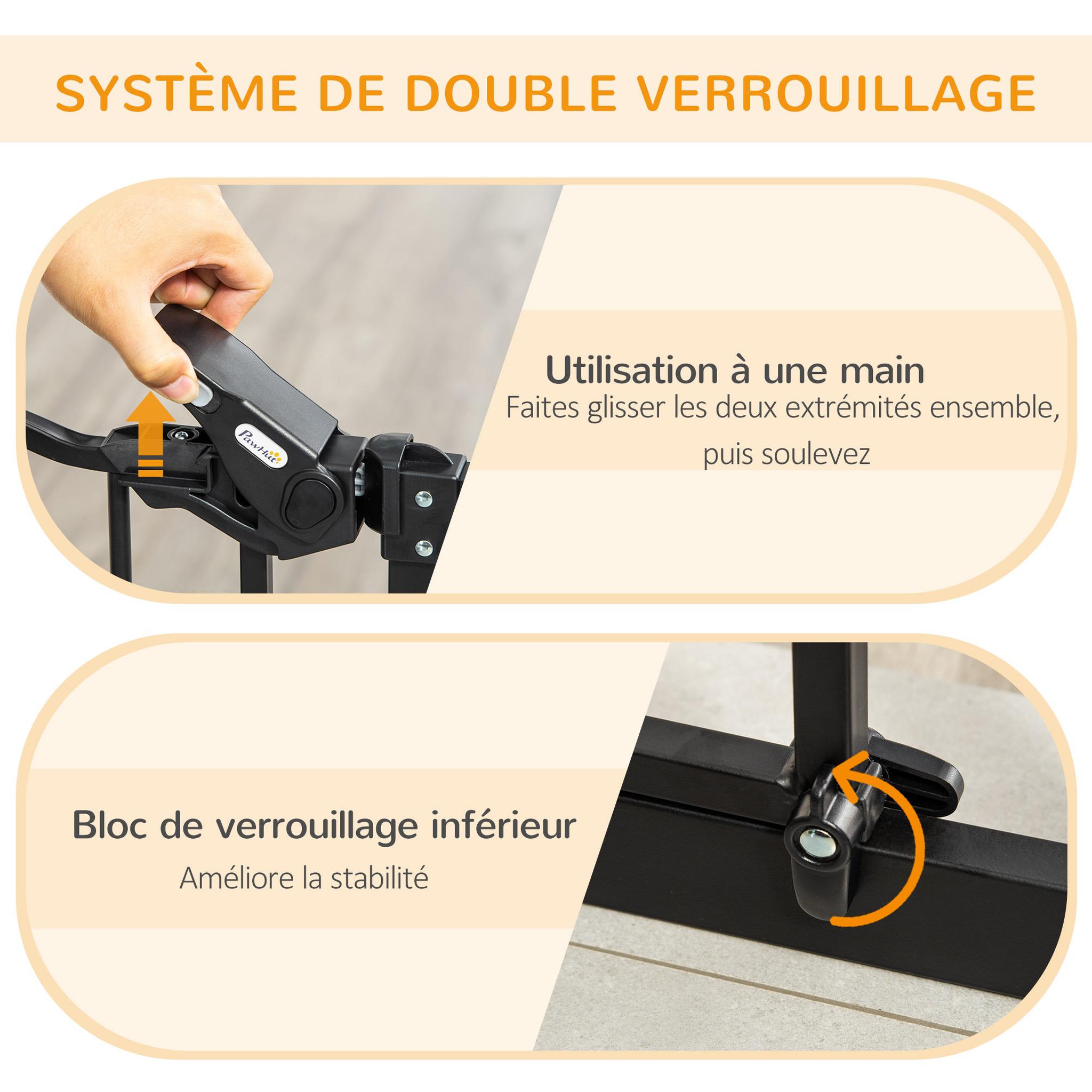 Voir la diapositive 3 : PAWHUT Barrière de sécurité chien h.104 cm - porte double verrouillage - sans perçage - acier noir