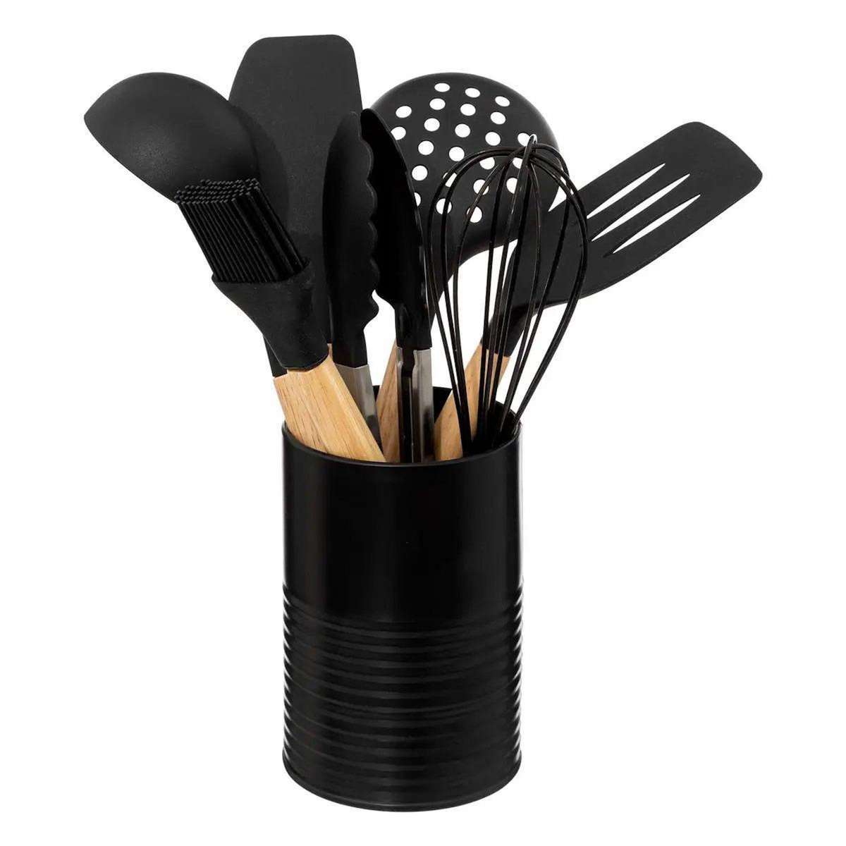 FIVE Lot de 7 Ustensiles avec Pot  Acacia  30cm Noir