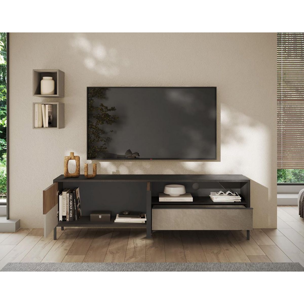 BEST MOBILIER Jules - meuble tv - 2 portes et 1 tiroir - 206 cm