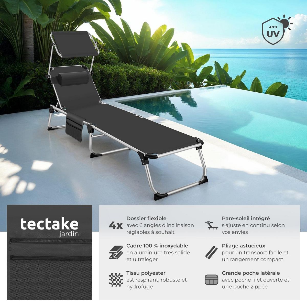 tectake Bain de soleil pliable avec oreiller noir