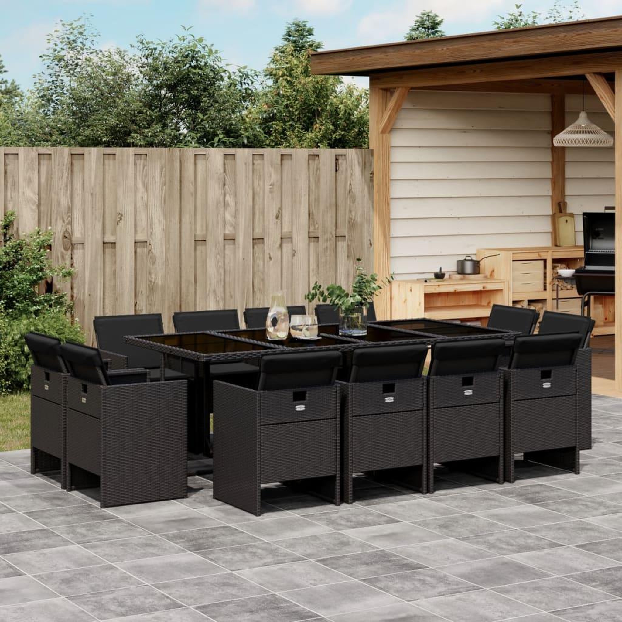 VIDAXL Ensemble a manger de jardin 13 pcs coussins noir resine tressee