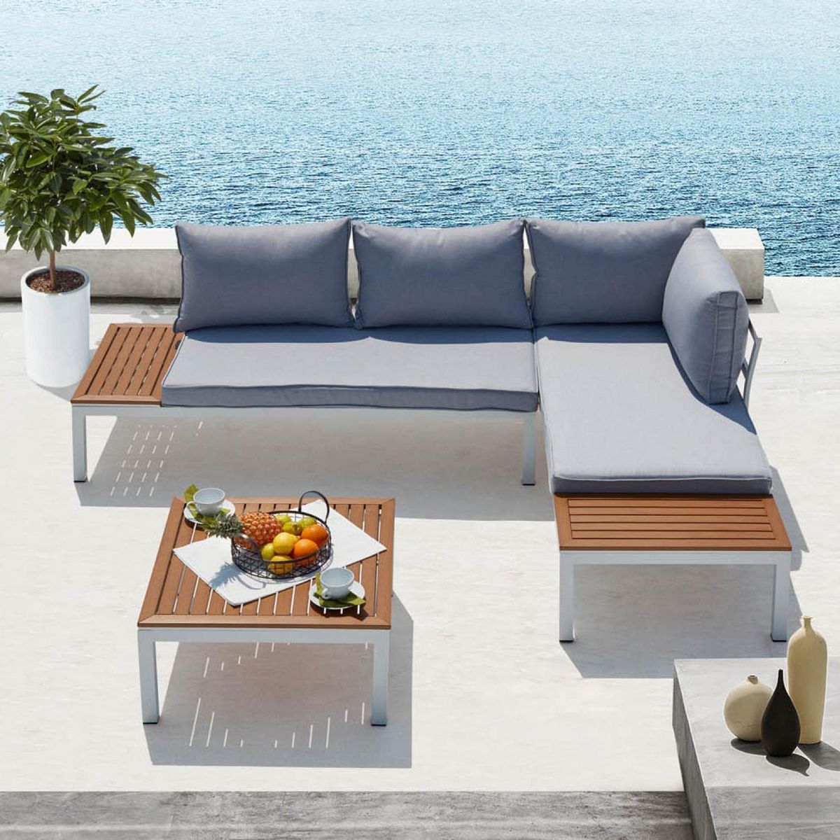 CONCEPT USINE Salon de jardin 4 places en aluminium et acier blanc et gris LOLEA