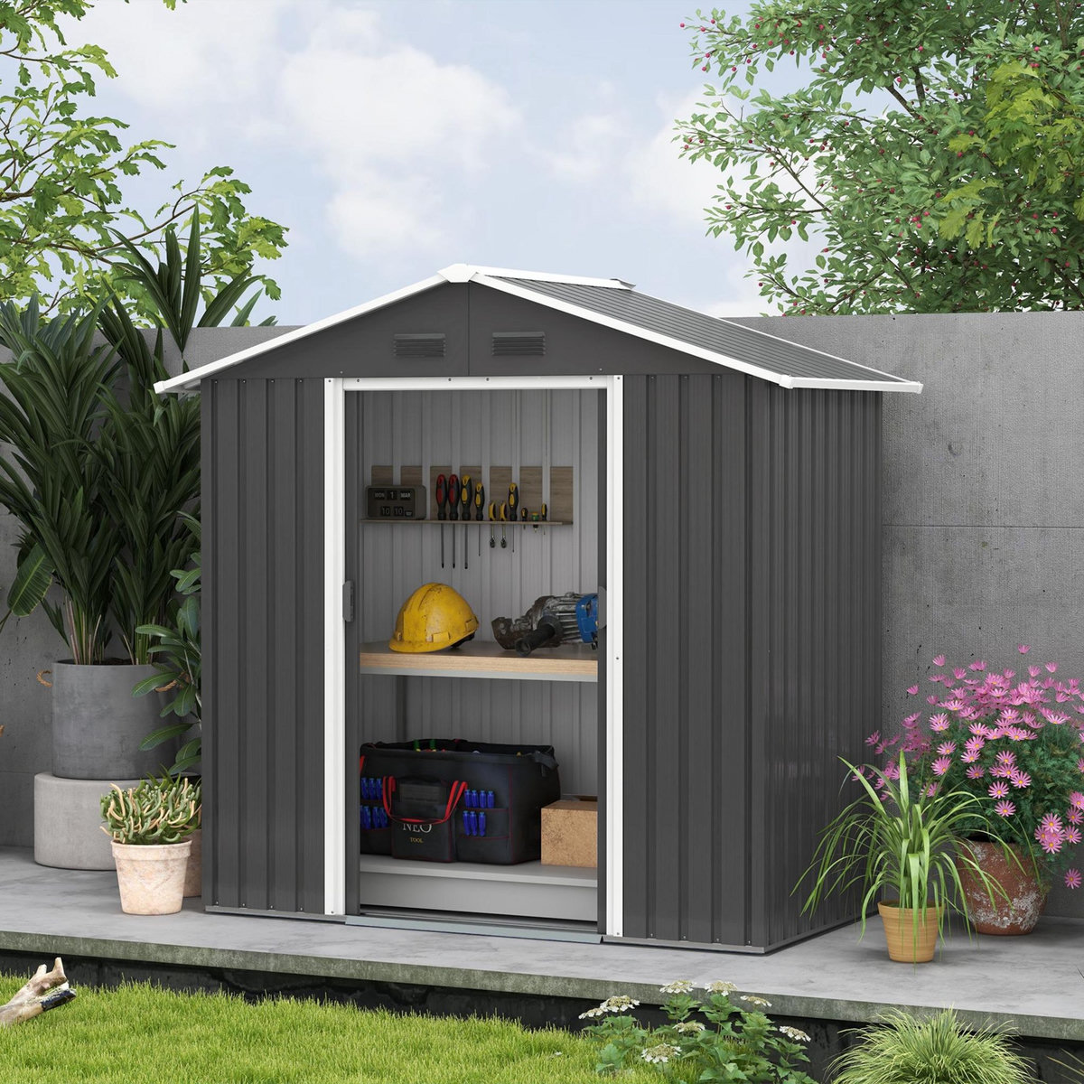 OUTSUNNY Abri de jardin - remise pour outils - cabanon porte verrouillable - dim. 194L x 110l x 184H cm - tôle d'acier anthracite