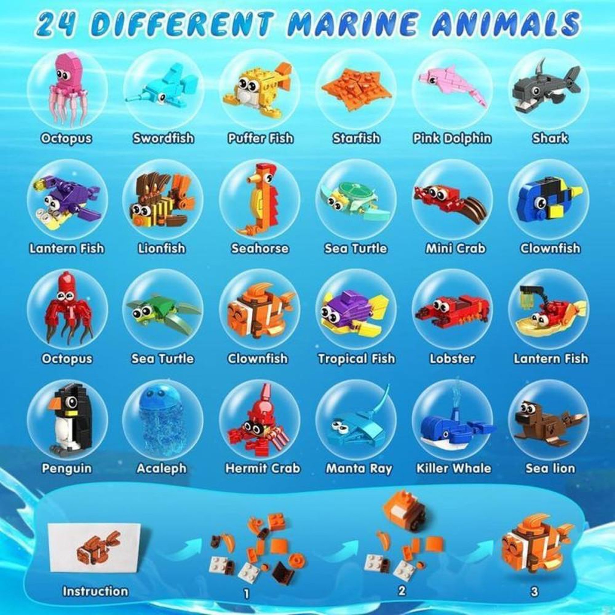 Voir la diapositive 5 : Coffret mini animaux marins en blocs ABS 24 kits, 629 pièces, 6-12 ans
