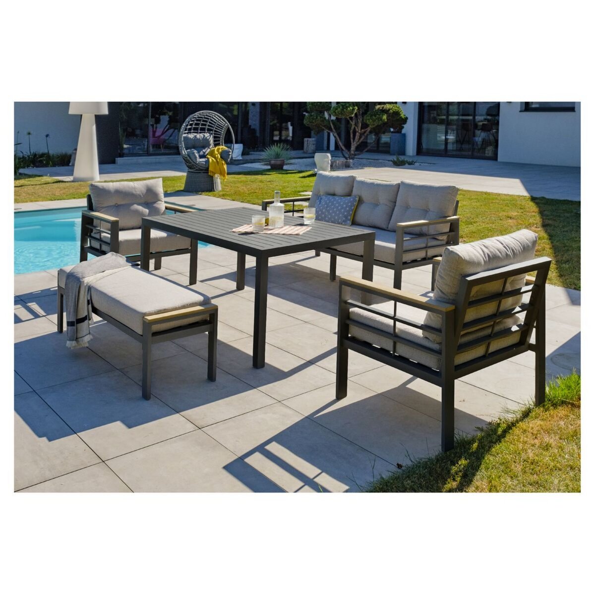 DCB GARDEN Salon de jardin 7 personnes en aluminium noir CAYENNE