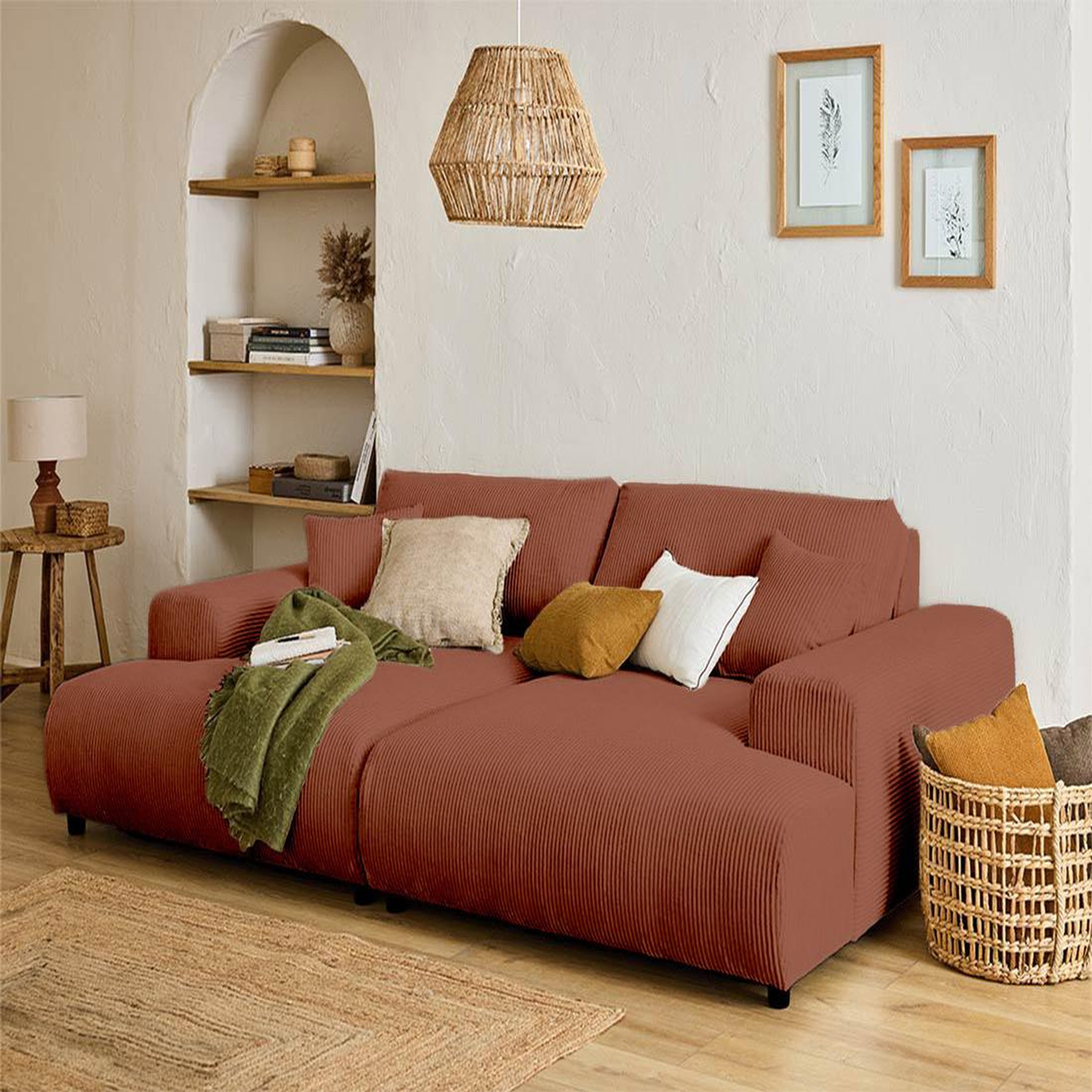 Voir la diapositive 2 : LISA DESIGN Garance - canapé droit 4 places double méridienne - assise profonde - en velours côtelé