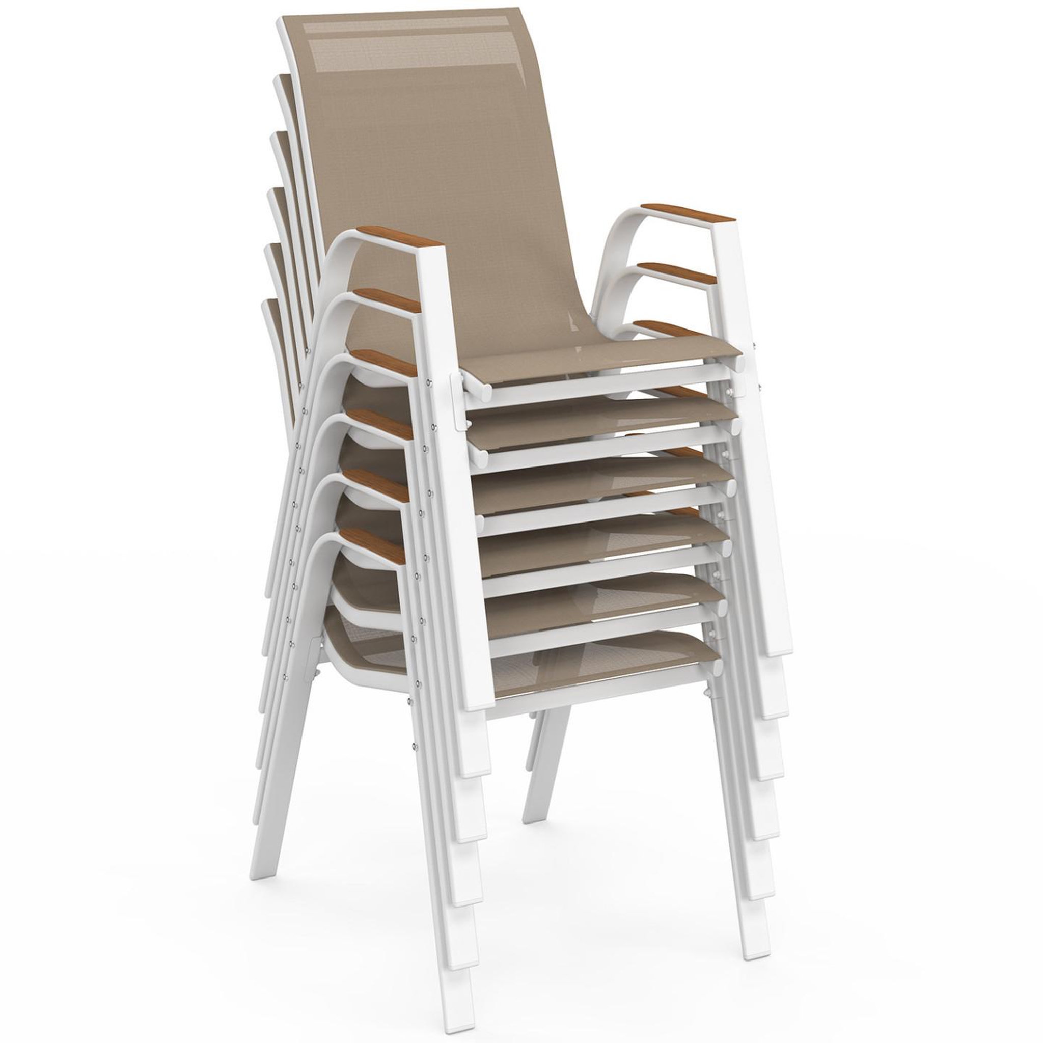 Voir la diapositive 5 : ID MARKET Lot de 6 chaises de jardin noumea métal et textilène empilables blanc et bois