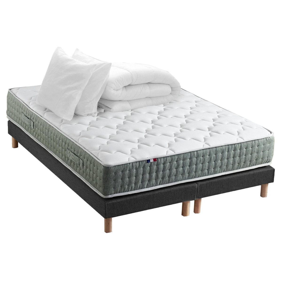 IDLITERIE Ensemble matelas Ressort 7 zones HYGGE + Sommier + couette + oreillers Fabriqué en France