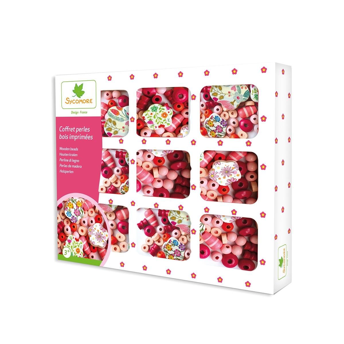 Au Sycomore Coffret perles en bois motif fleurs