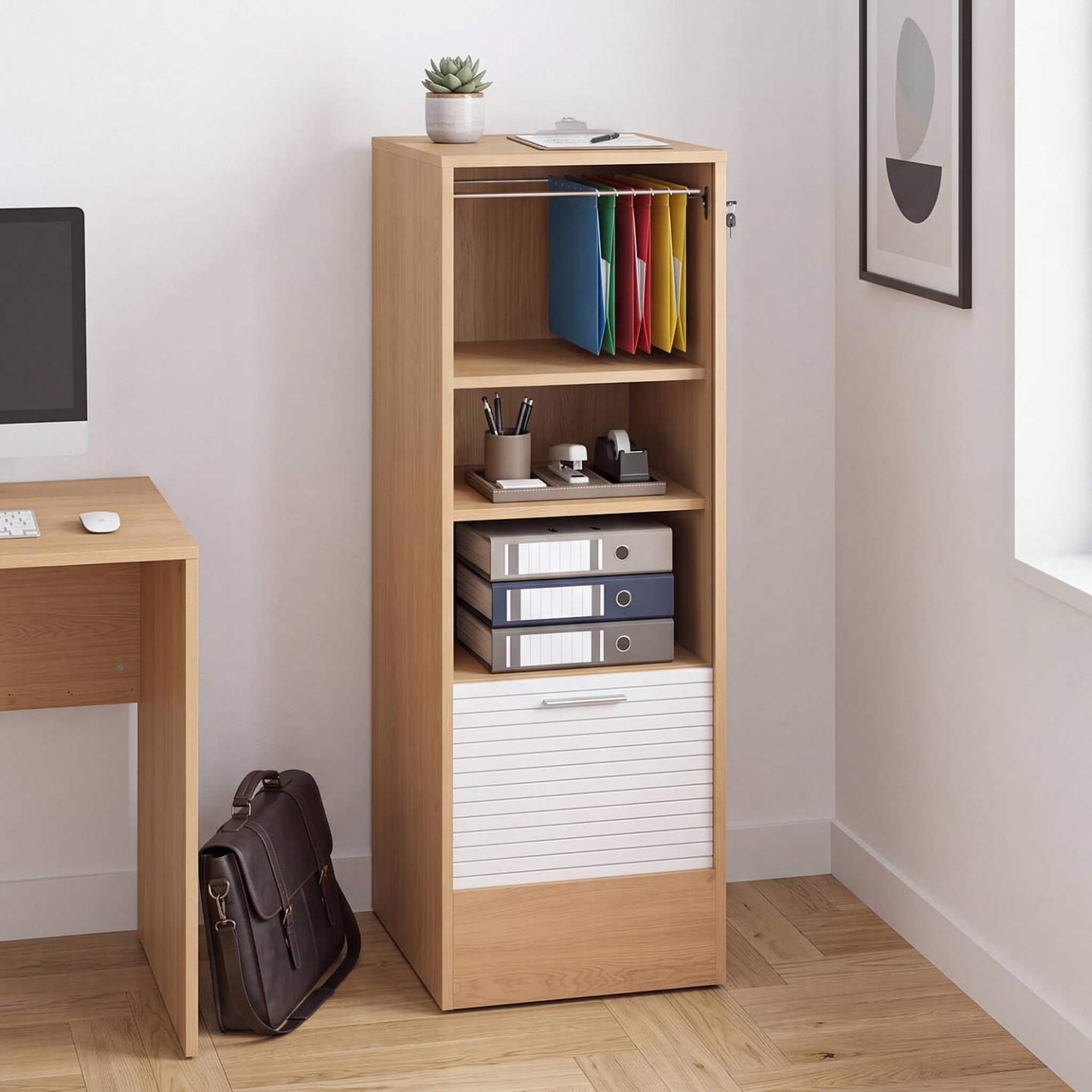 Voir la diapositive 2 : ID MARKET Meuble classeur à rideau verrouillable 4 tablettes H.110 cm blanc et bois