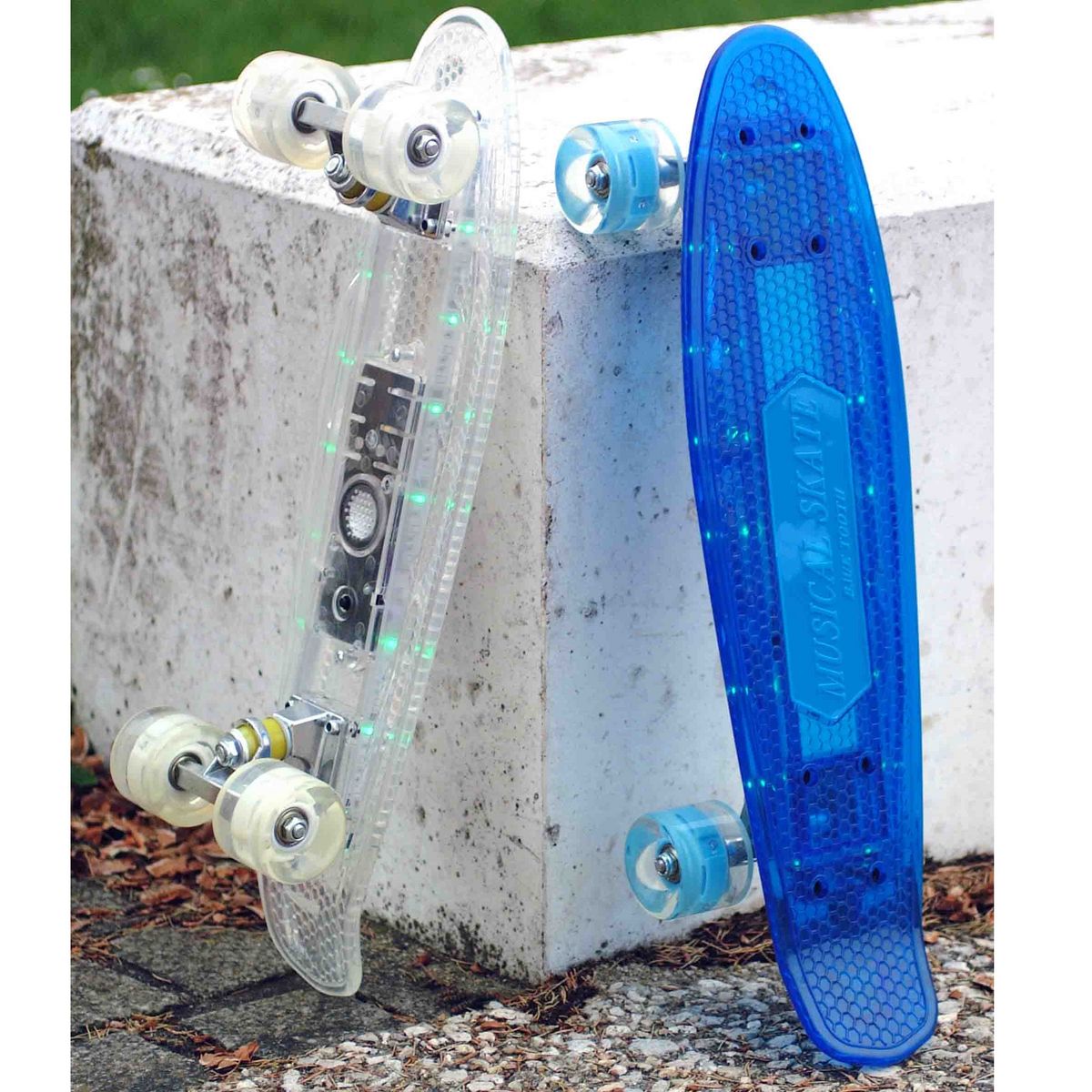 CDTS Skateboard RETRO avec enceinte Bluetooth et plateau lumineux transparent - Bleu