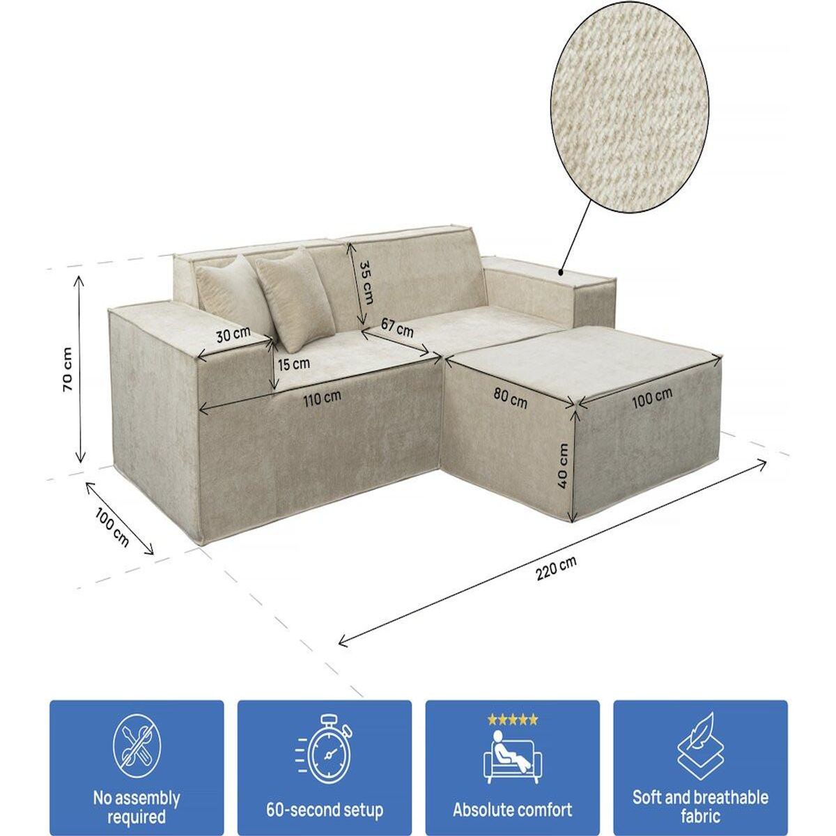 Habitat et Jardin Canapé droit modulable avec ottoman en tissu texturé  Lusso  - 3 places - Beige