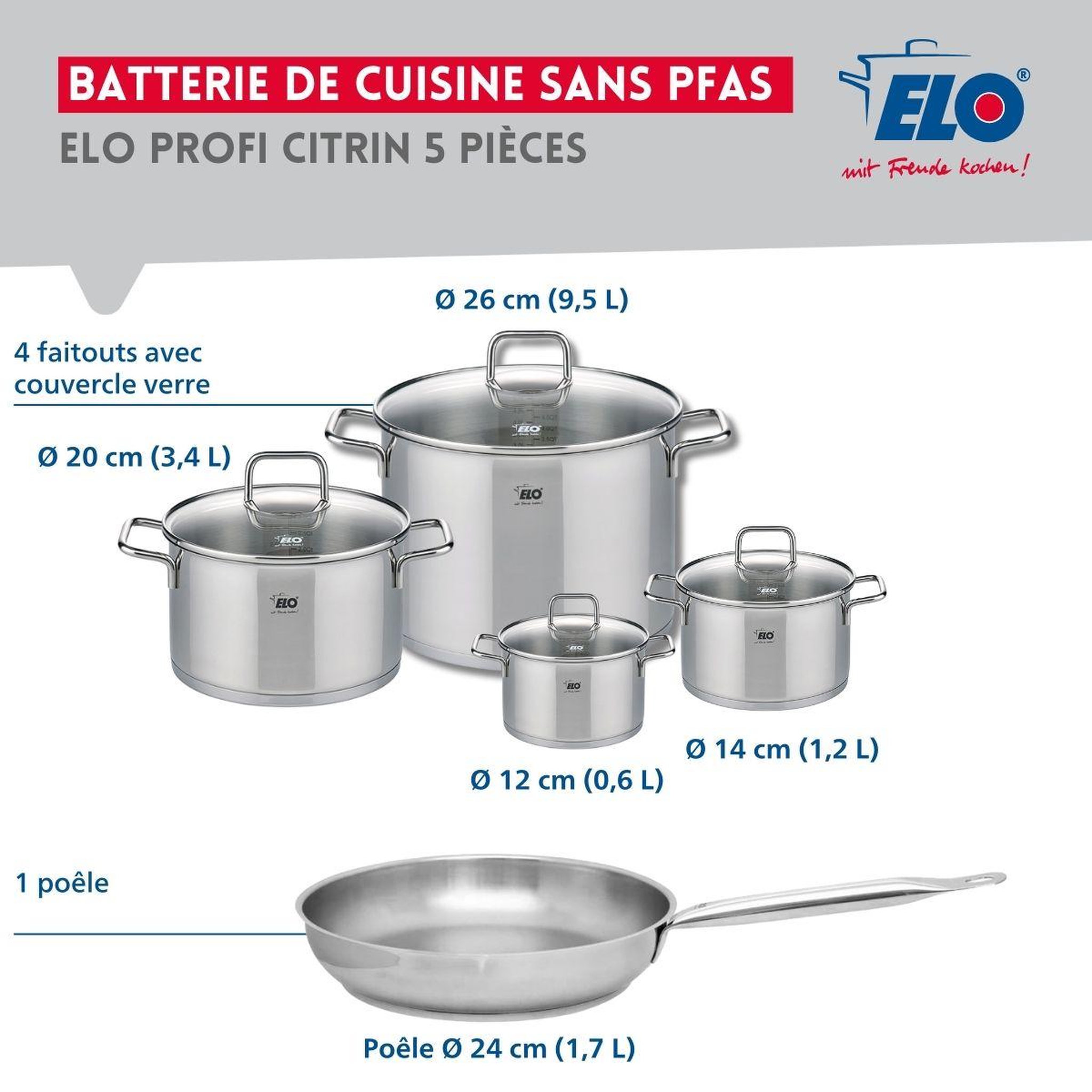 Voir la diapositive 2 : ELO Ensemble de 1 poêle de cuisson 24 cm et 4 faitouts 12, 14, 20 et 26 cm elo profi citrin
