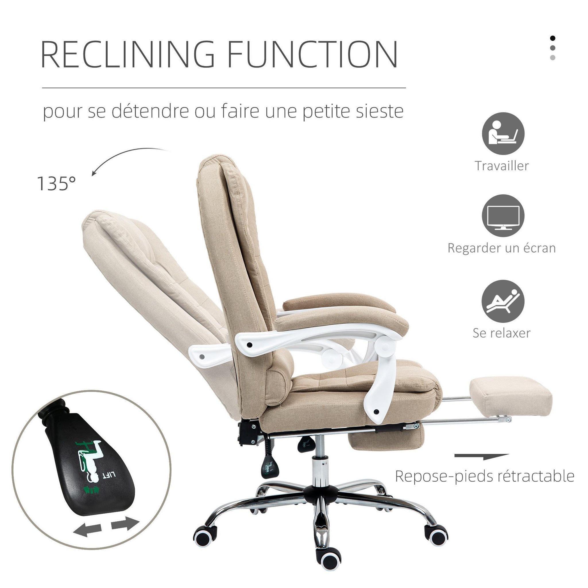 Voir la diapositive 5 : HOMCOM Fauteuil de bureau manager grand confort repose-pied dossier inclinable accoudoirs rembourrés lin beige