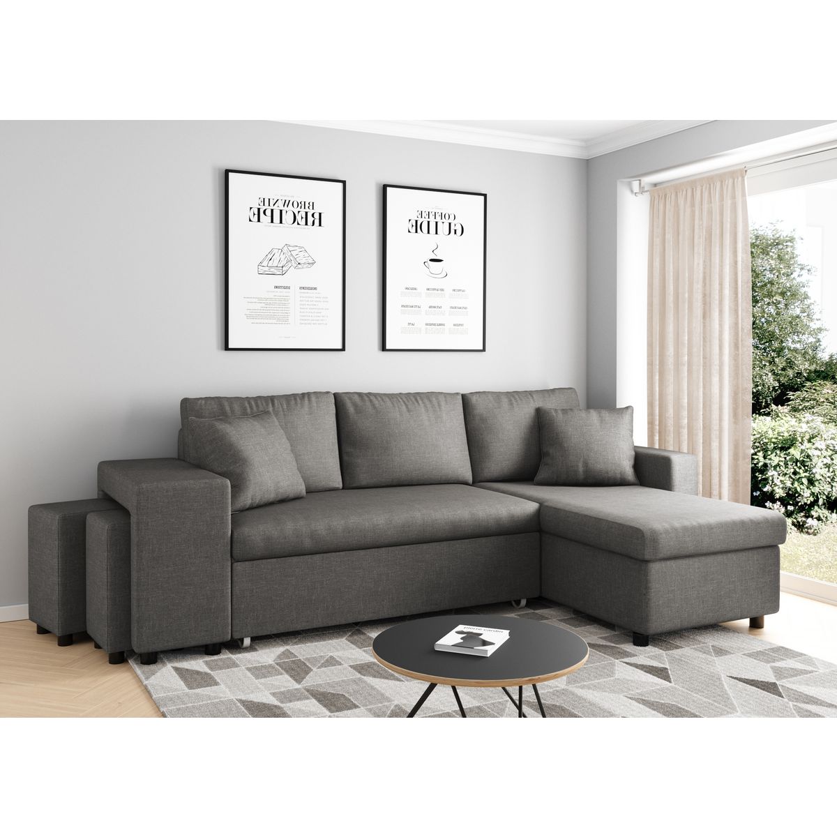  Canapé 3 places d'angle Droit convertible avec coffre Microfibre gris tissu + 2 poufs inclus ANETTA