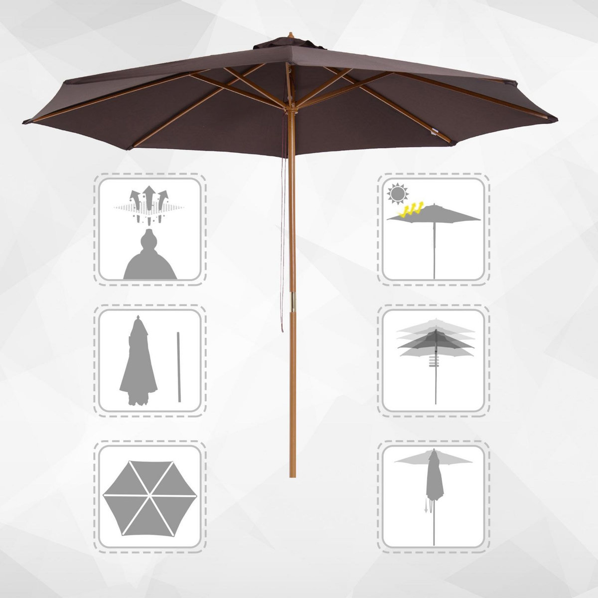 OUTSUNNY Outsunny Parasol rond grande taille diamètre 3 m bois polyester haute densité chocolat