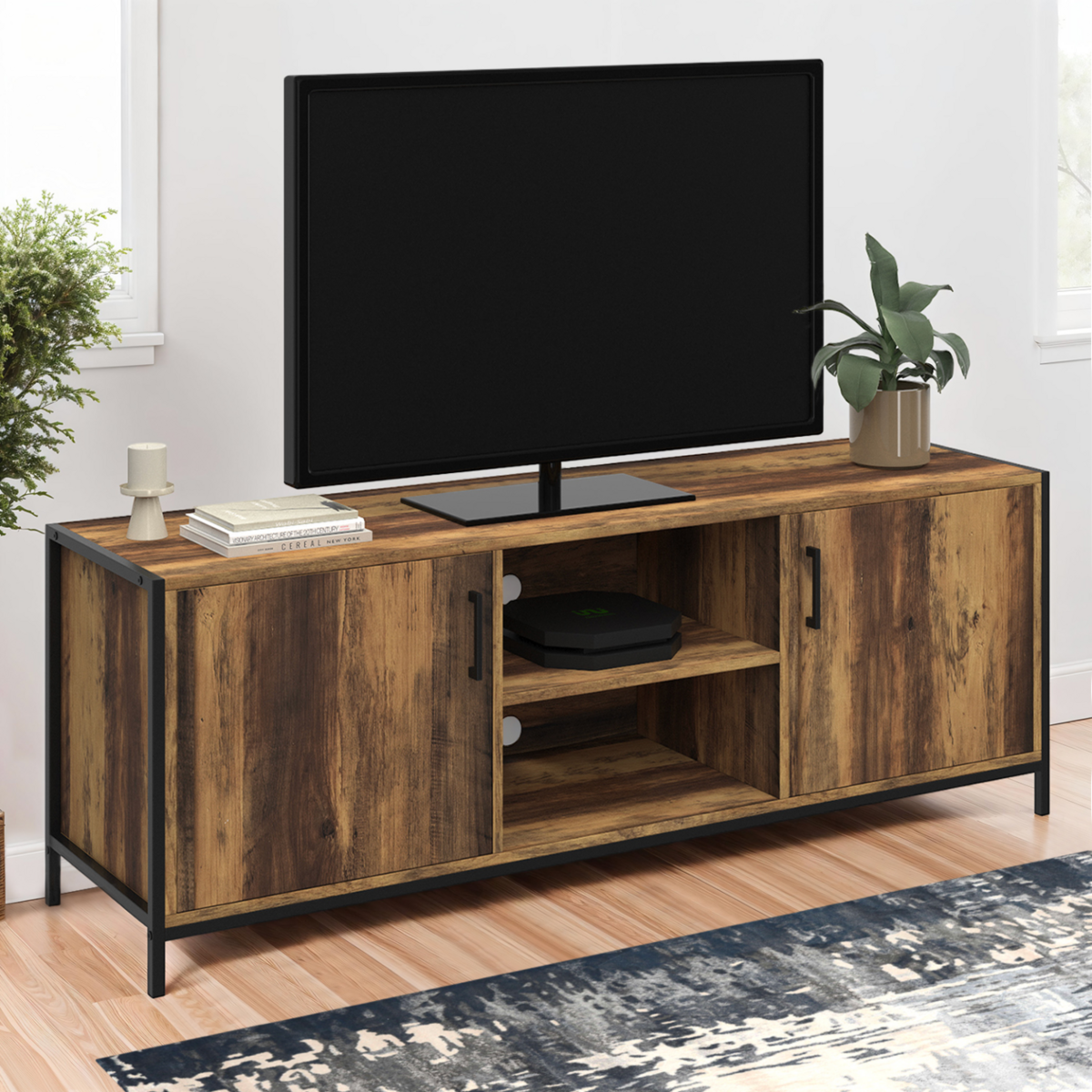 ID MARKET Meuble TV 140 cm HAWKINS 2 portes bois foncé design industriel