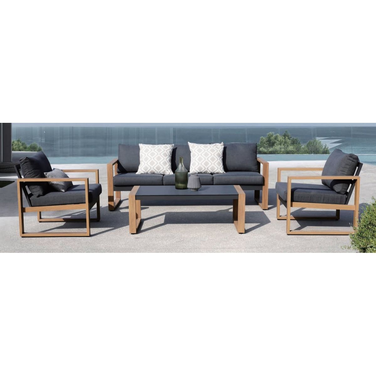 CIDDECO Salon bas de jardin 6 personnes alu imitation bois DUISBURG