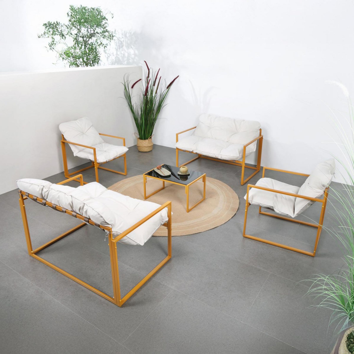CONCEPT USINE Salon de jardin 6 places contemporain marron et coussins beiges RABAT