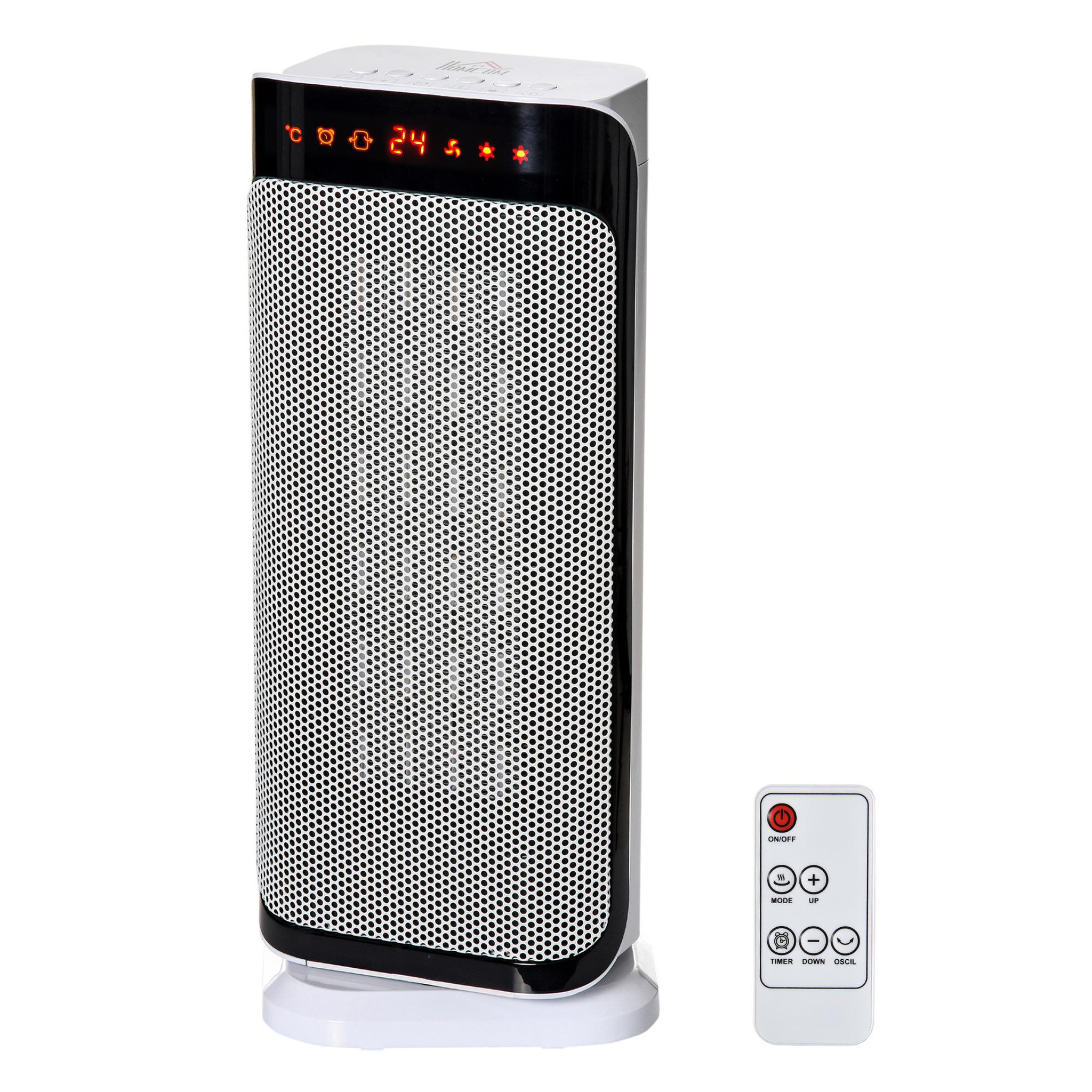 Voir la diapositive 1 : HOMCOM Chauffage d'appoint électrique colonne avec télécommande et timer - chauffage soufflant 1000-2000W - panneau LED - plastique noir blanc