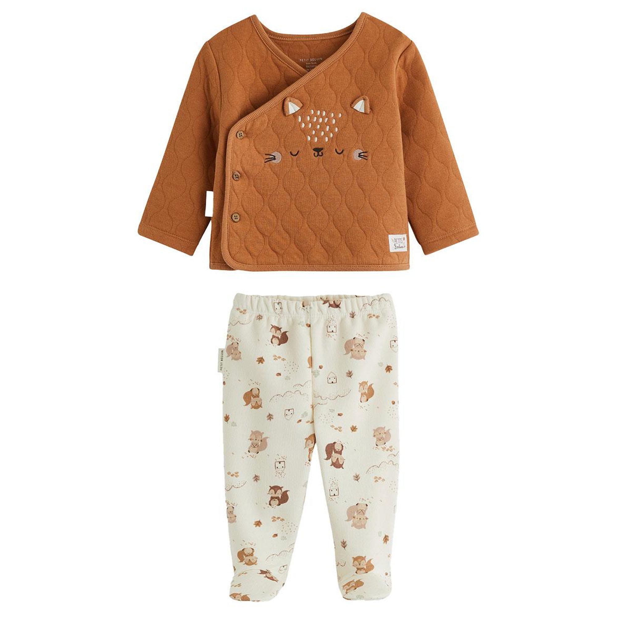 Voir la diapositive 1 : PETIT BEGUIN Ensemble bébé gilet croisé et pantalon avec pieds en molleton caramel