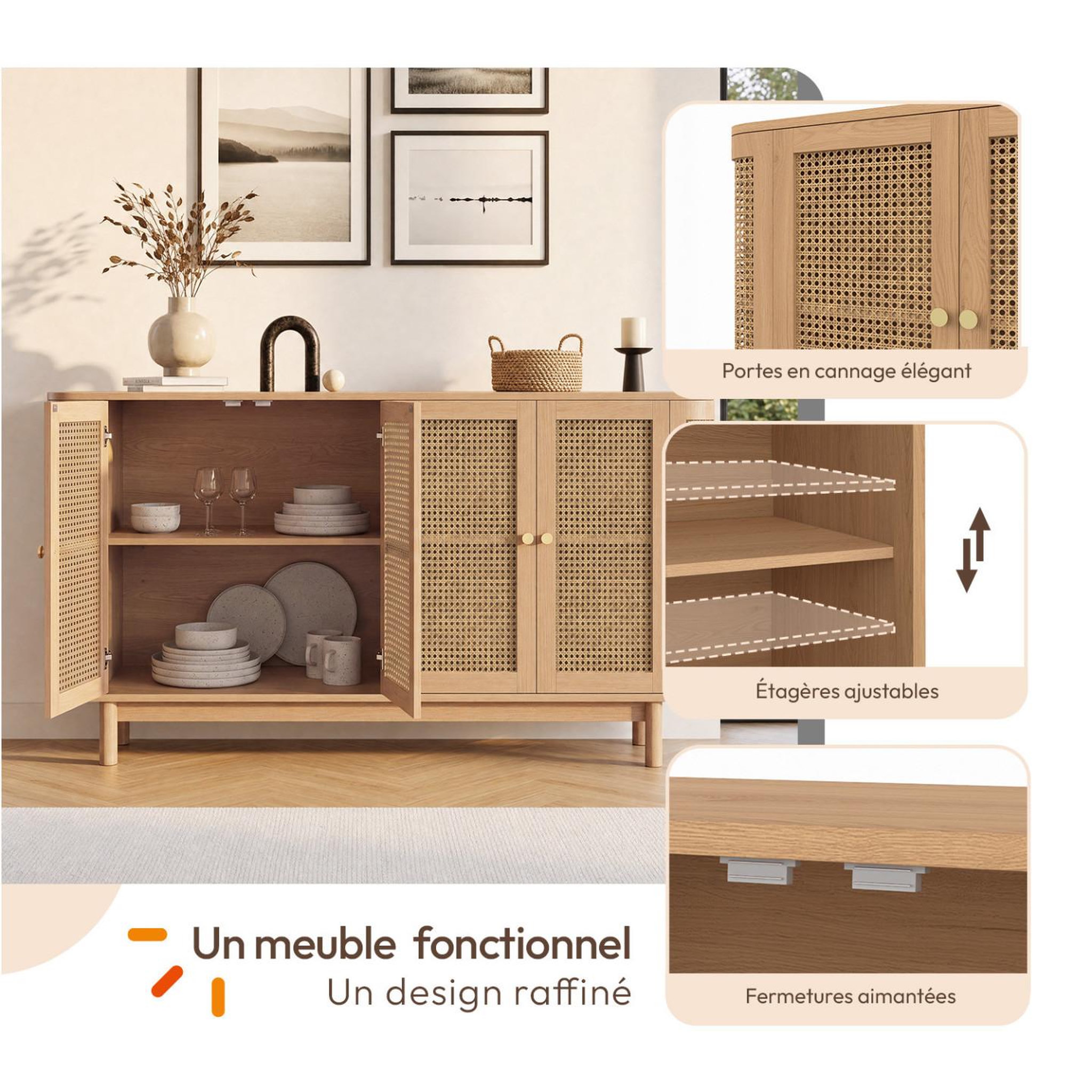 Voir la diapositive 3 : ID MARKET Buffet 160 cm DANA arrondi 4 portes bois et cannage