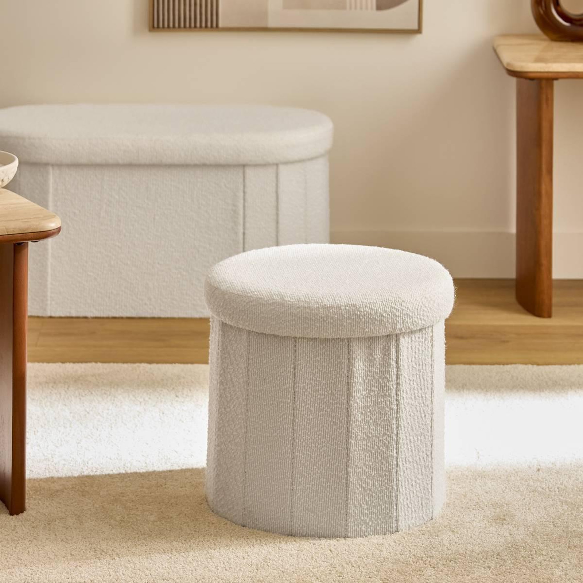 Voir la diapositive 6 : ATMOSPHERA Pouf Coffre Pliant Bouclette  Fink  38cm Blanc