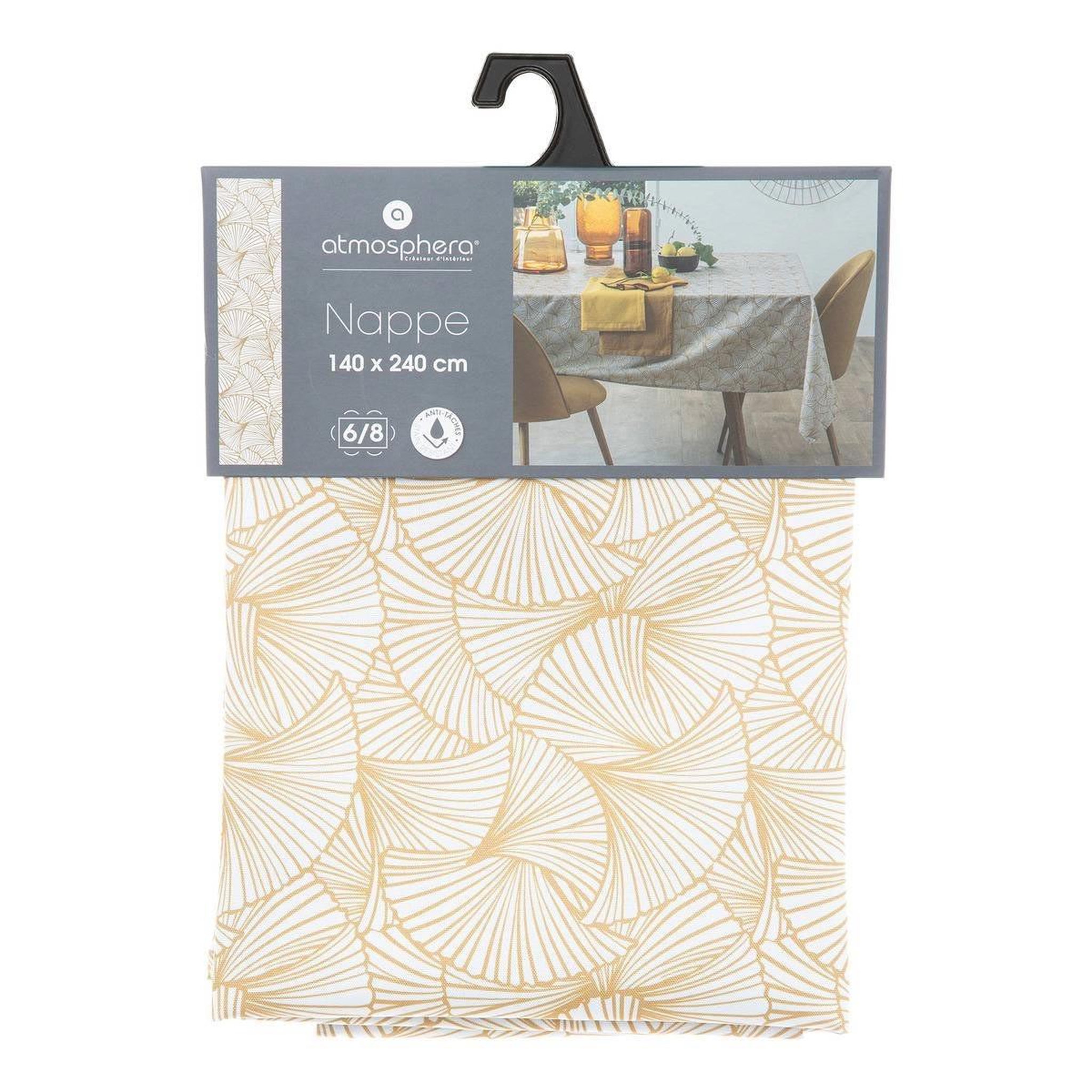 Voir la diapositive 3 : ATMOSPHERA Nappe antitache à motifs  ginkgo  140x240cm jaune