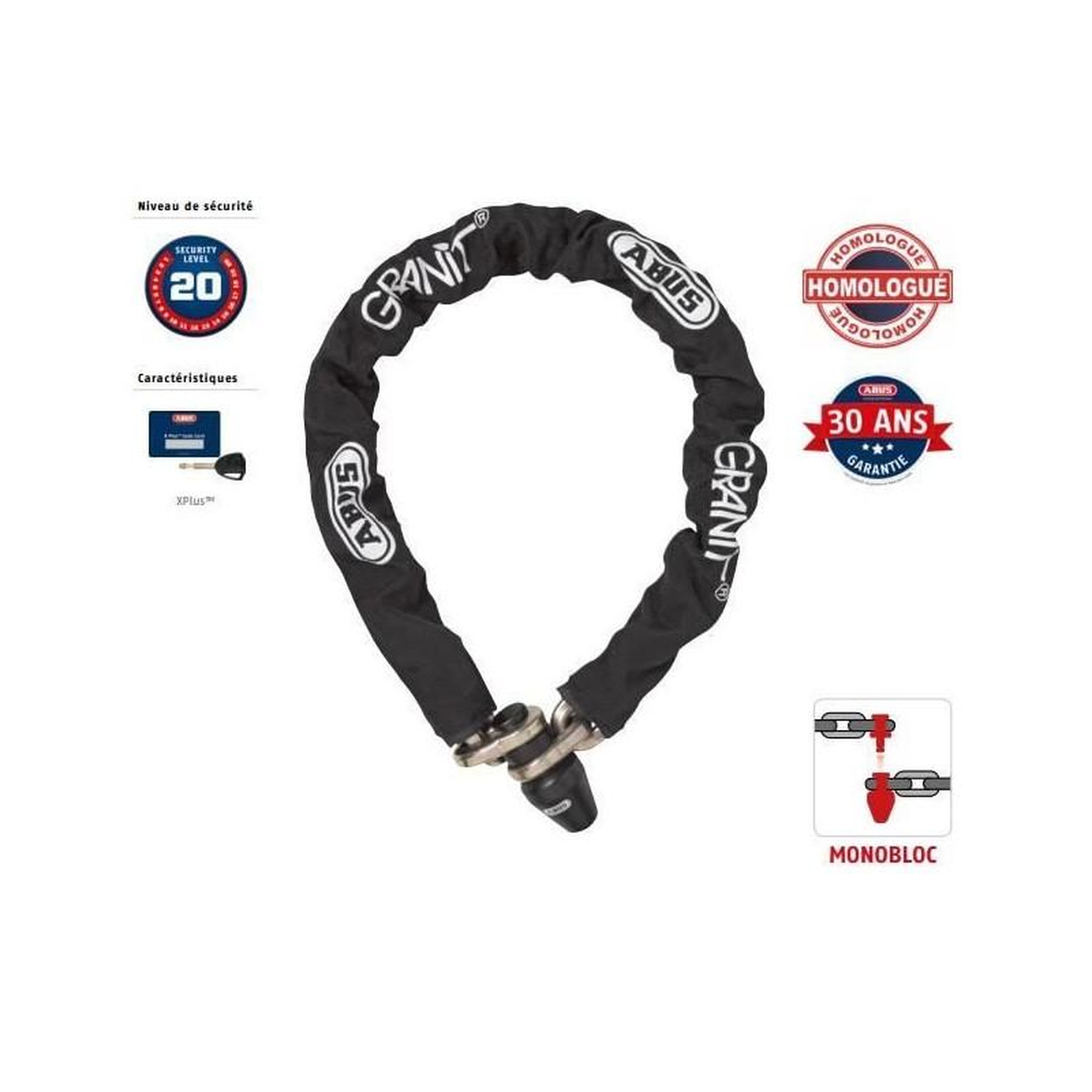 Voir la diapositive 2 : ABUS Antivol de chaîne monobloc - ABUS - 1480/120 - Maillons 14 mm - Gainage tissu - Cylindre XPlus
